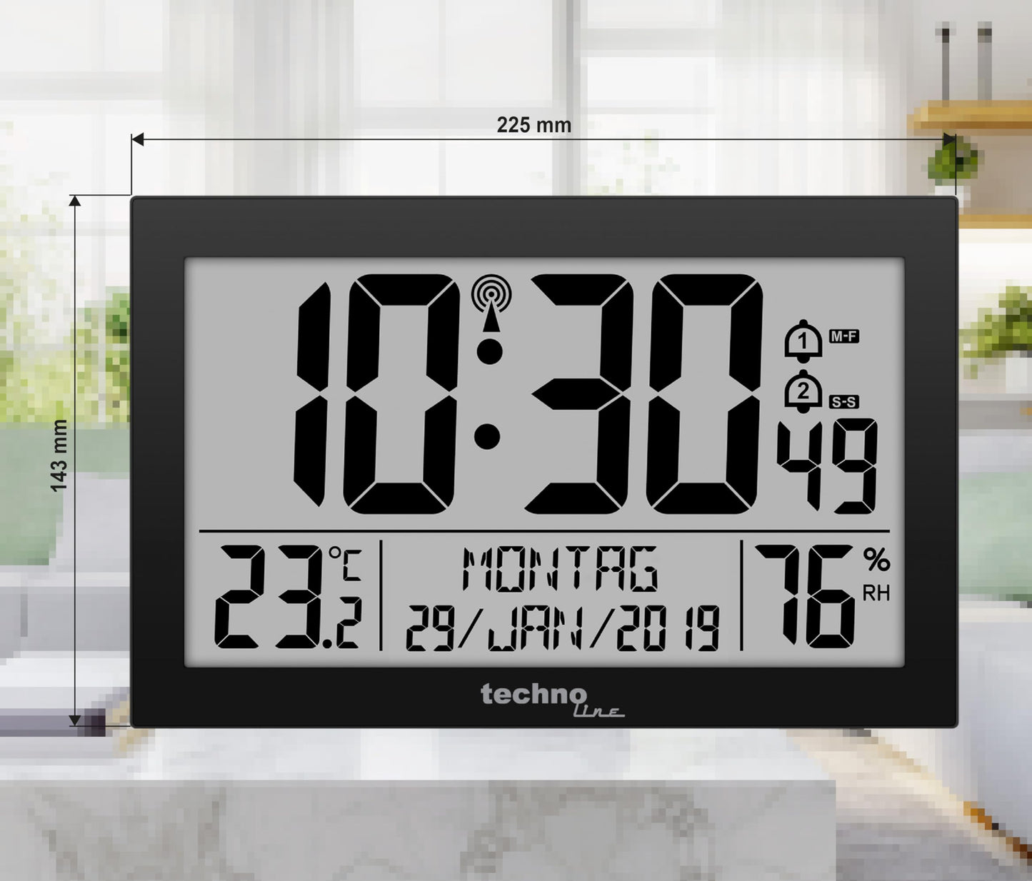 Technoline WS 8016 digital radio wall clock with DCF radio clock | Temperature & Humidity | 2 alarms | Calendar | large LCD display | Wall or table clock | black - WS8016SCHWARZ