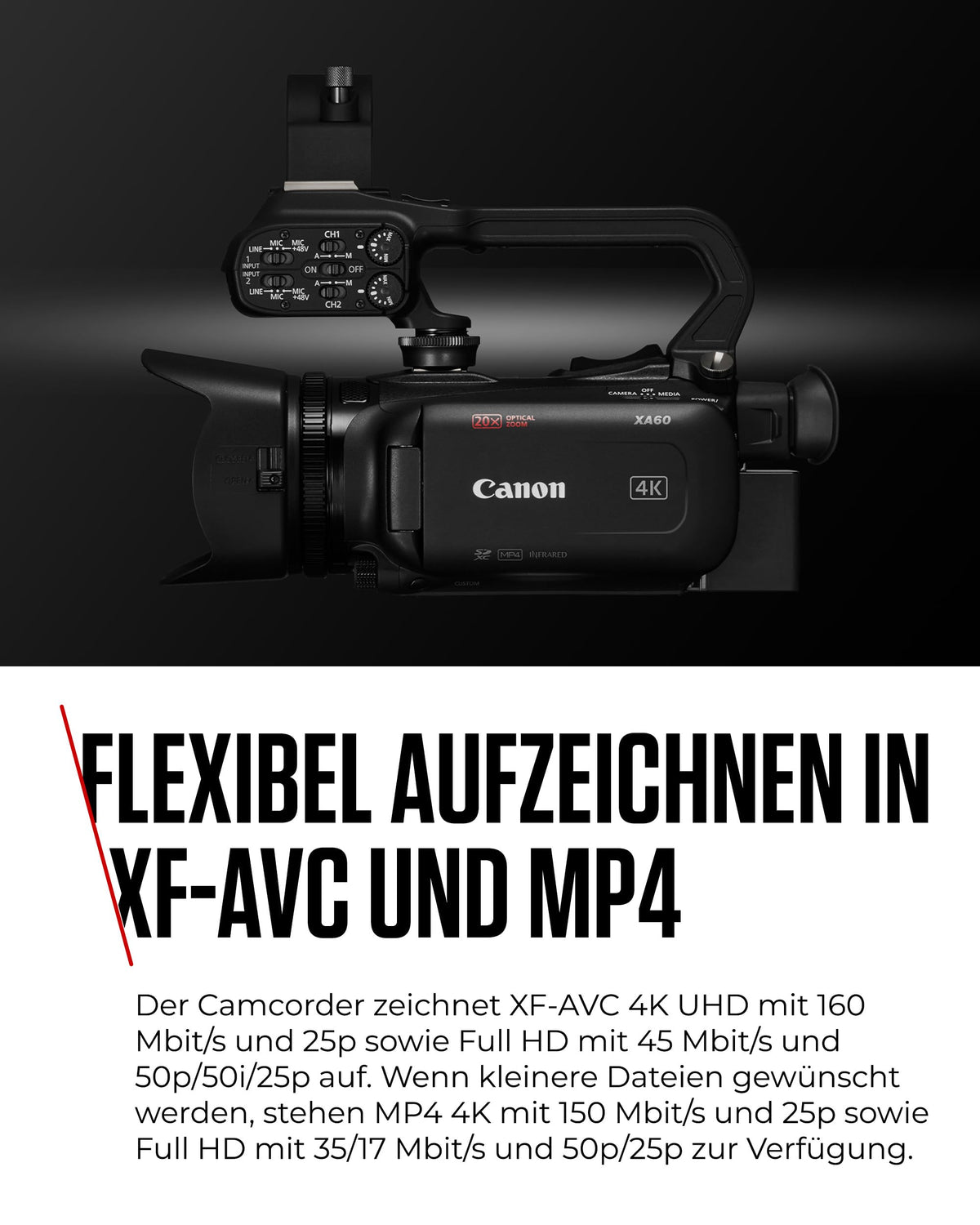 Canon XA60 Professional 4K Camcorder, 20x Optical Zoom, CMOS Sensor