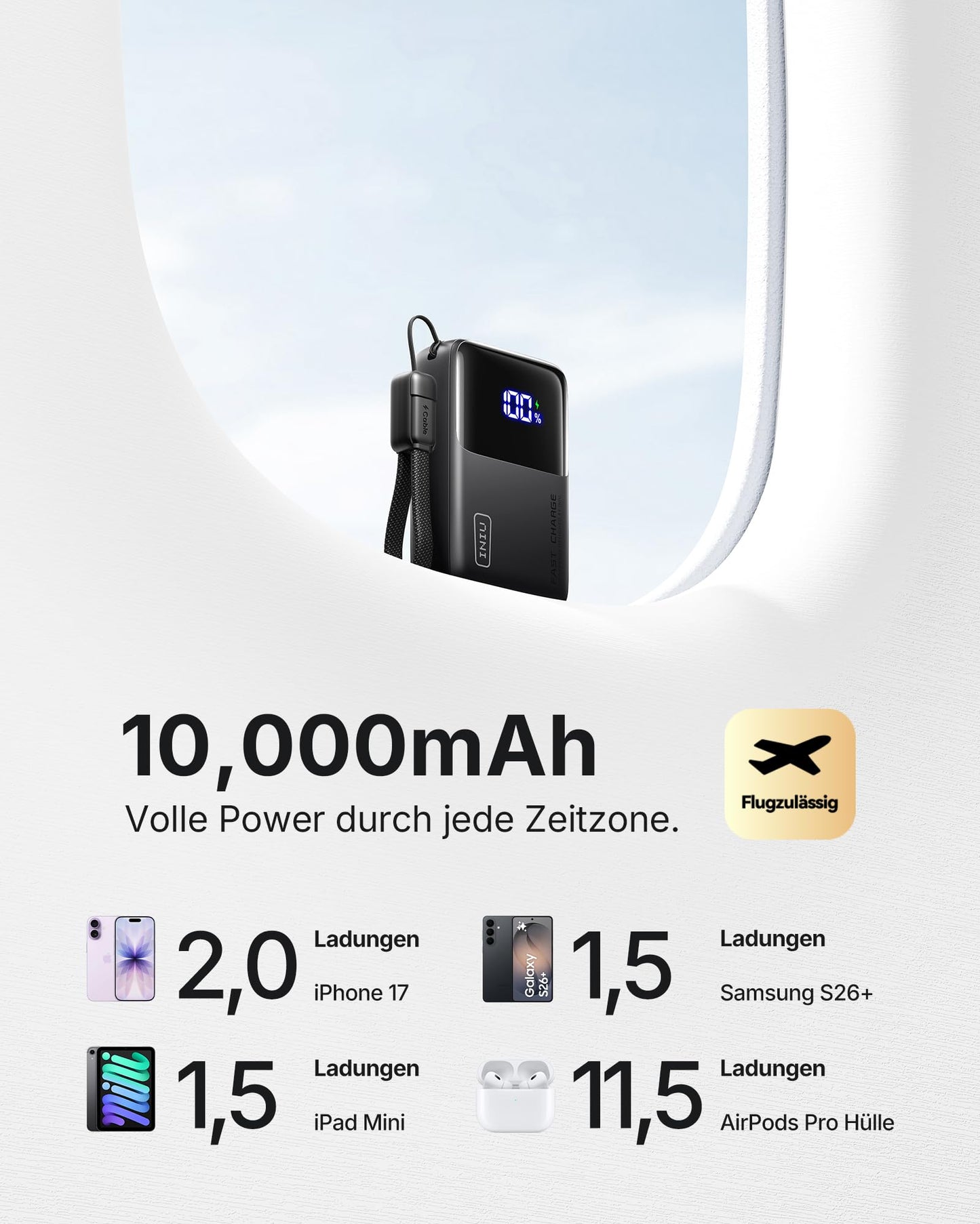 INIU Power Bank, Ultra Mini 45W Fast Charging 10000mAh Power Bank with Attached USB C Cable, Suitable for Flight, External Mobile Phone Batteries, Travel Essential for iPhone 17 16 Pro, Samsung S25, Xiaomi, iPad etc - P50