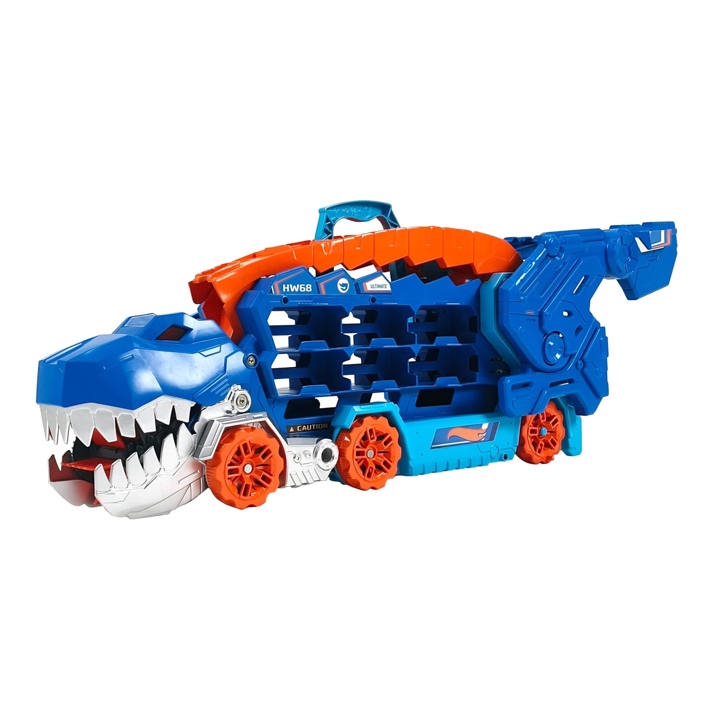 Hot Wheels Let's Race Netflix -2:1 transporter for T-Rex with including car racing track, with lighting and sounds, including 2 toy cars, space for 20 cars, Hot Wheels Dino, toys from 4 years, HNG50