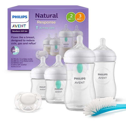 Philips AVENT Baby Bottles with AirFree Valve, Gift Set for Newborns – 4 Baby Bottles, ultra-soft Pacifier, and Bottle Brush, suitable for babies from 0–12 months and older (Model SCD657/11)