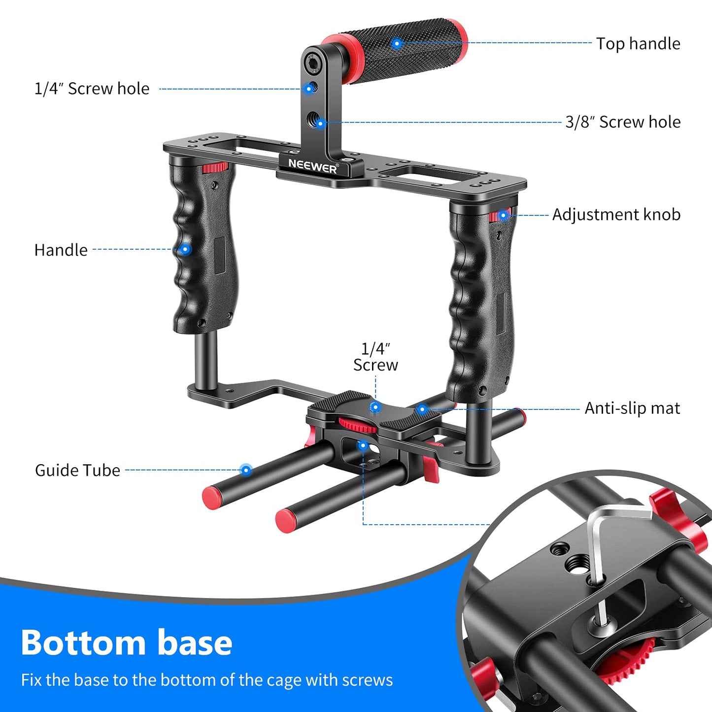 NEEWER Cage Camera Cage Made of Aluminum Alloy with Top Handle, Two Handles 15mm Rods, Video Stabilizer Compatible with Canon Sony Fujifilm Nikon DSLR Camera and Camcorder (Black + Red) - CG-MF