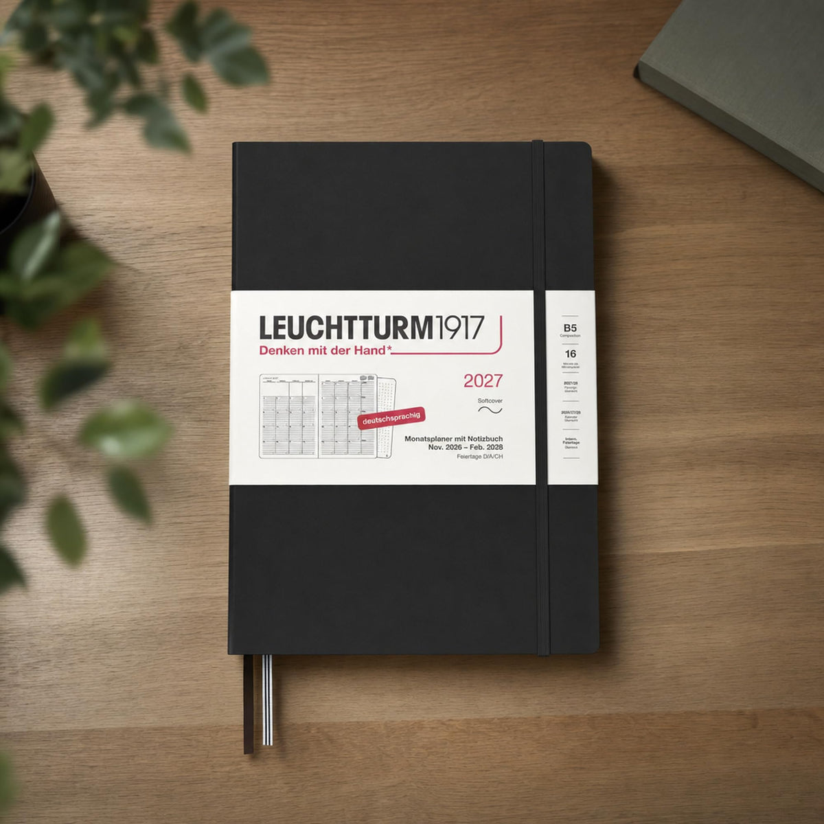LEUCHTTURM1917 planificator lunar cu caiet 2027 Compoziție (B5) - germană, negru, copertă moale, 16 luni (01.11.2026-28.02.2028), 132 pagini de note punctate cu cuprins - 400170
