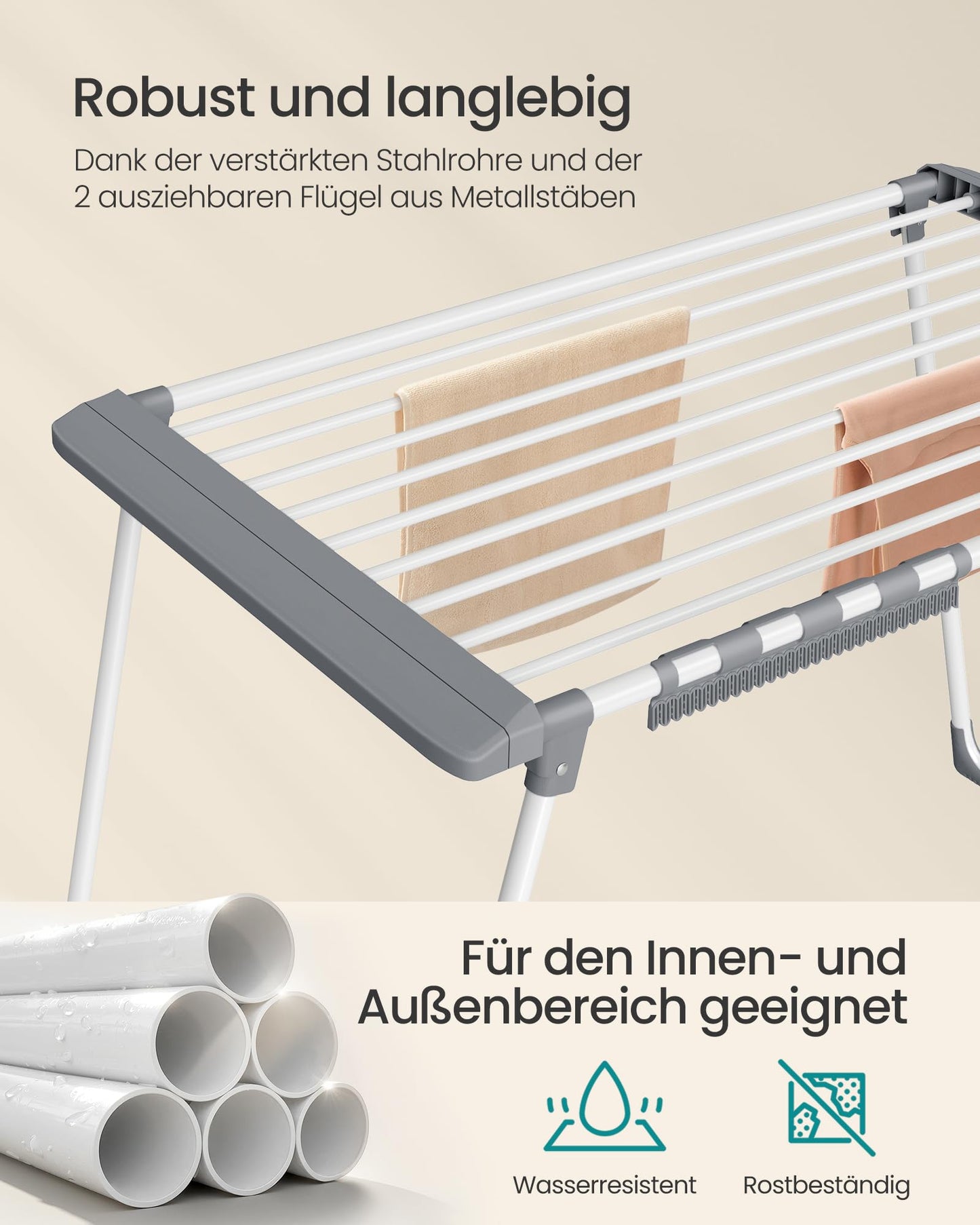 SONGMICS clothes airer, floor dryer, extendable wings, wing clothes airer, 22 m drying area, wing clothes dryer with sock holder, foldable, pearl white-dove gray LLR522WK01