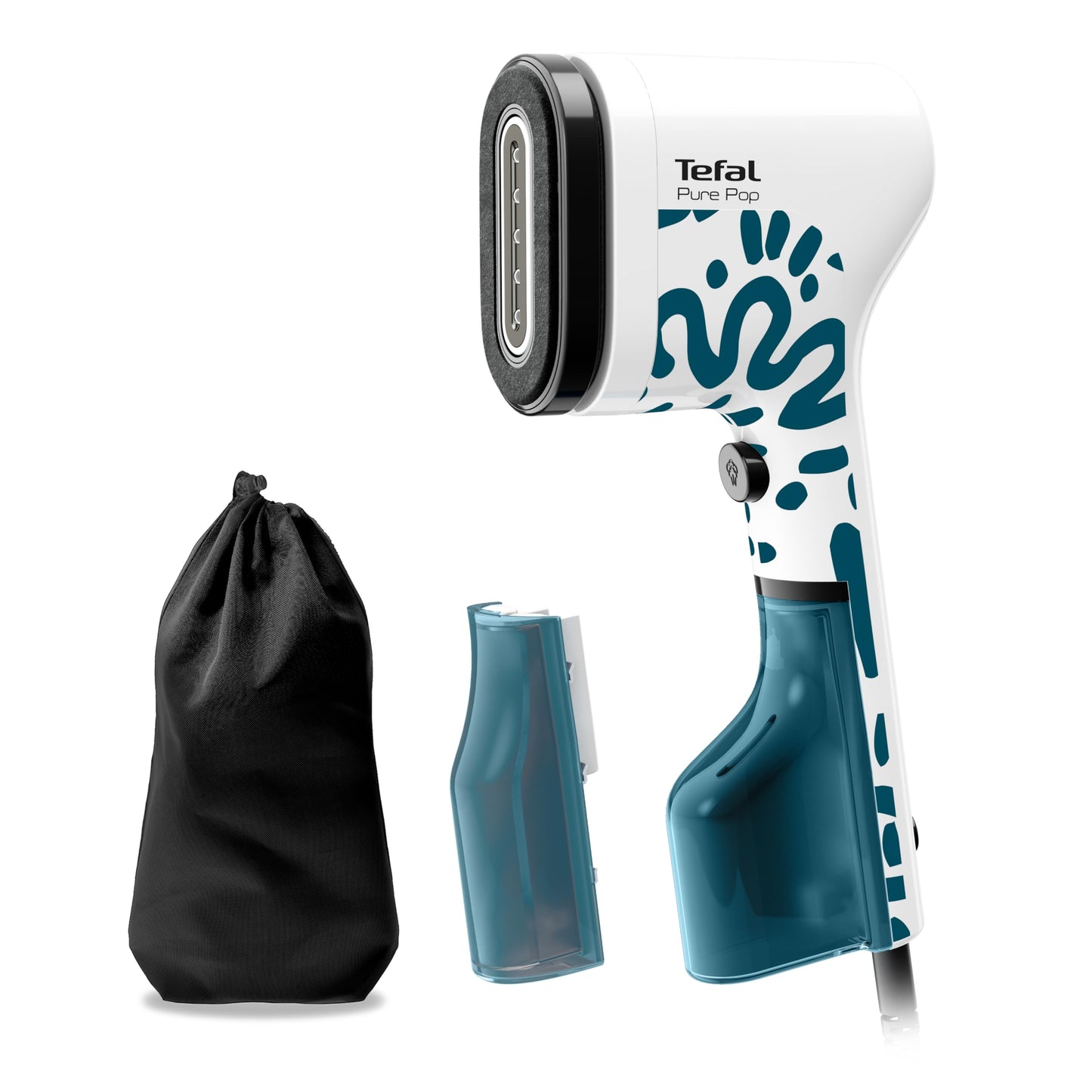 Tefal Pure Pop Home & Travel steam brush, 20 g/min. Steam release, ready for use in 15 seconds, pad system, safe steam straightening, at home/on the go, 2 water tanks, Alpine blue, DT2040E1