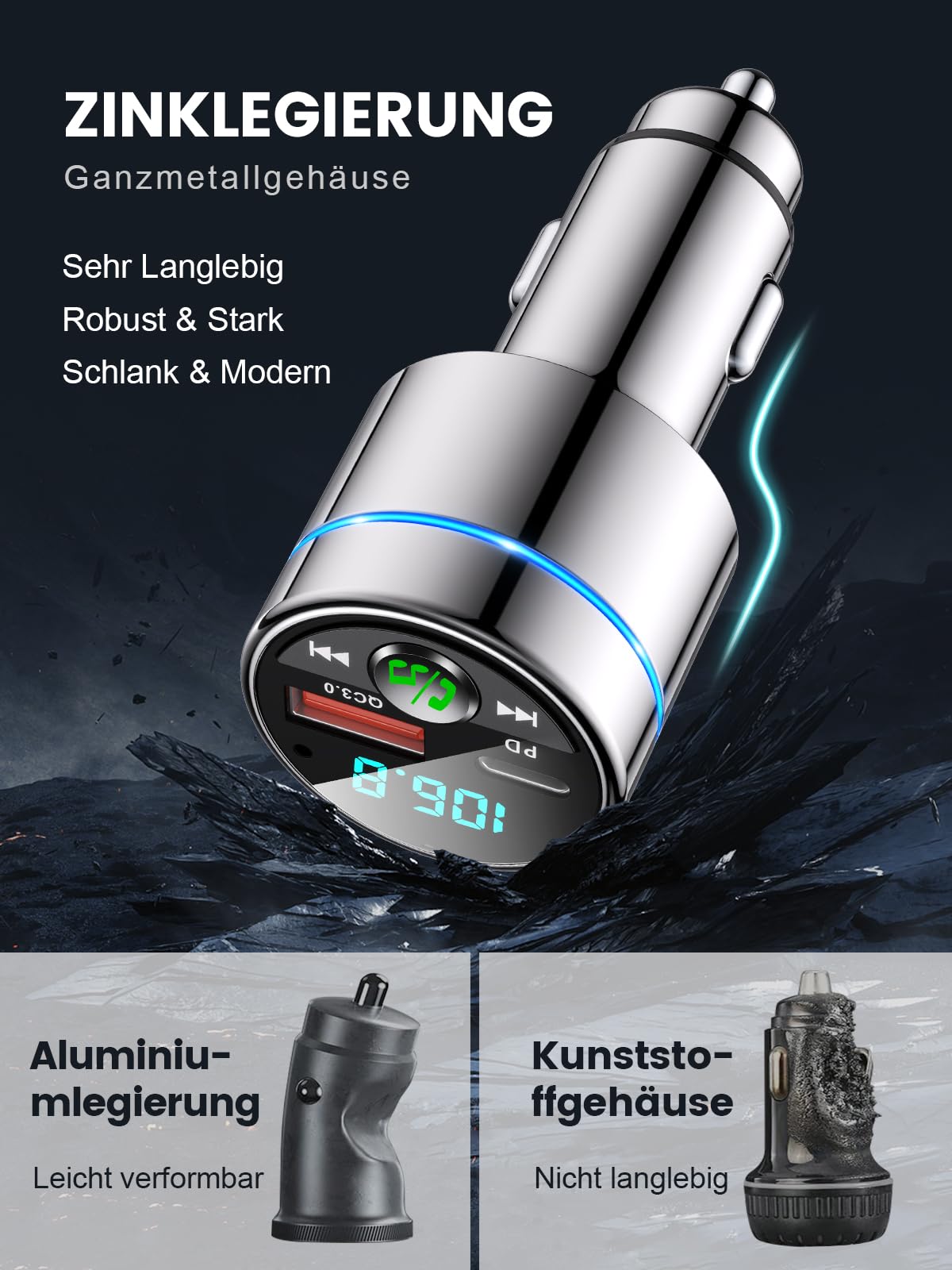 Mohard FM Transmitter Car Bluetooth 5.3, All-Metal PD 30W & QC3.0 18W Fast Car Charger Cigarette Lighter, Car Bluetooth Adapter Car Hands-Free System, Radio Frequency Transceiver, Ring Light - BC61