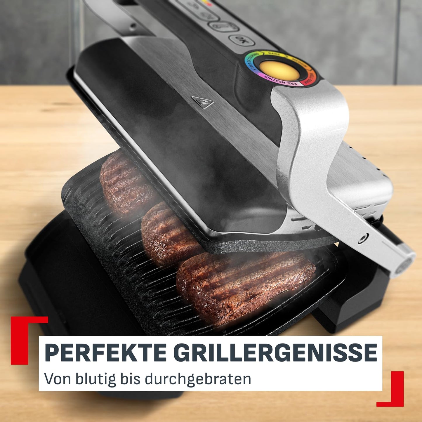 Tefal OptiGrill+ contact grill, 6 programs, cooking level display, removable plates, manual mode, optimal grilling results thanks to thickness measurement, electric grill, stainless steel, GC712D12