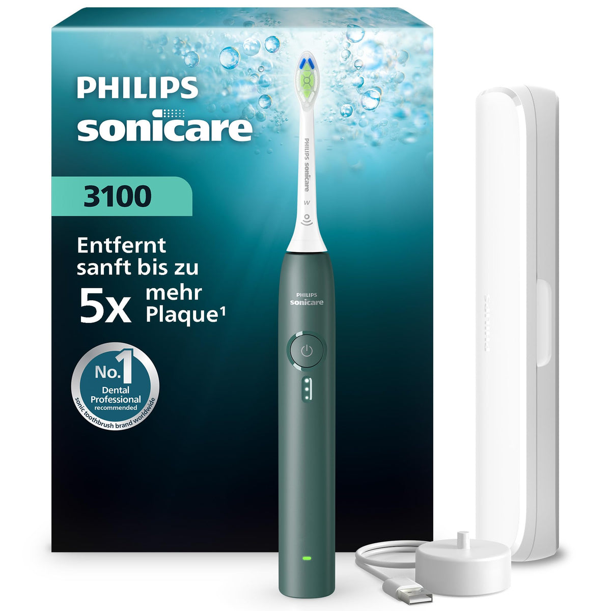 Philips Sonicare Series 3100 Periuță de dinți electrică - Periuță sonică cu senzor de presiune, 3 niveluri de intensitate, EasyStart, SmarTimer, 14 zile de autonomie, husă de călătorie, Verde închis, HX4033/26, [Nou]