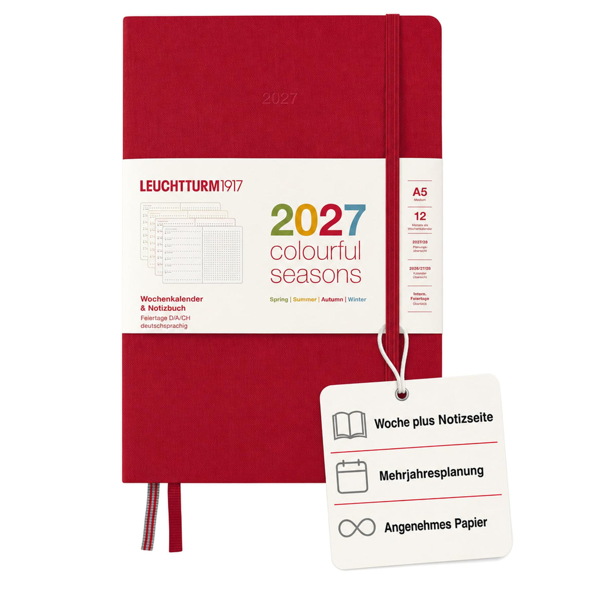 LEUCHTTURM1917 Calendar săptămânal și caiet cu punct mediu (A5) 2027, anotimpuri colorate roșu, germană, cartonată, prezentare generală a calendarului 2026/2027/2028, prezentare generală a planificării 01.27-12.28, planificator de proiect, buzunar