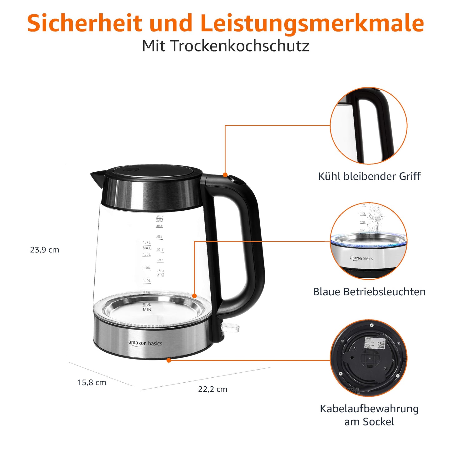 Amazon Basics 1.7L 2200W Glass Electric Kettle Black Silver - F-625GS