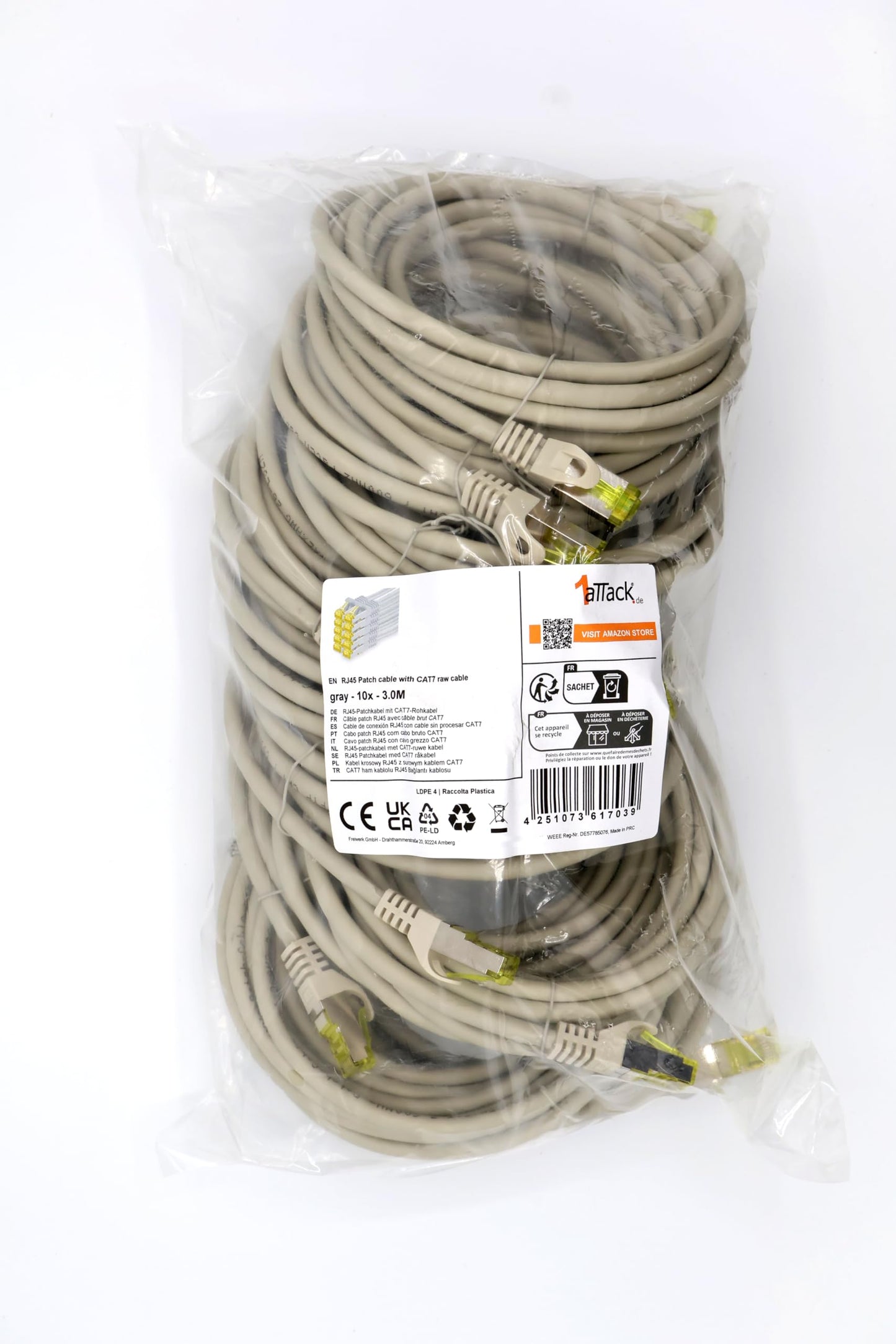 1aTTack.de Cat.7 network cable 3.0 m gray pack of 10 Cat7 Ethernet cable network LAN cable raw cable 10 Gb s SFTP PIMF LSZH set patch cable with Rj 45 plug Cat.6a - 4251073617039
