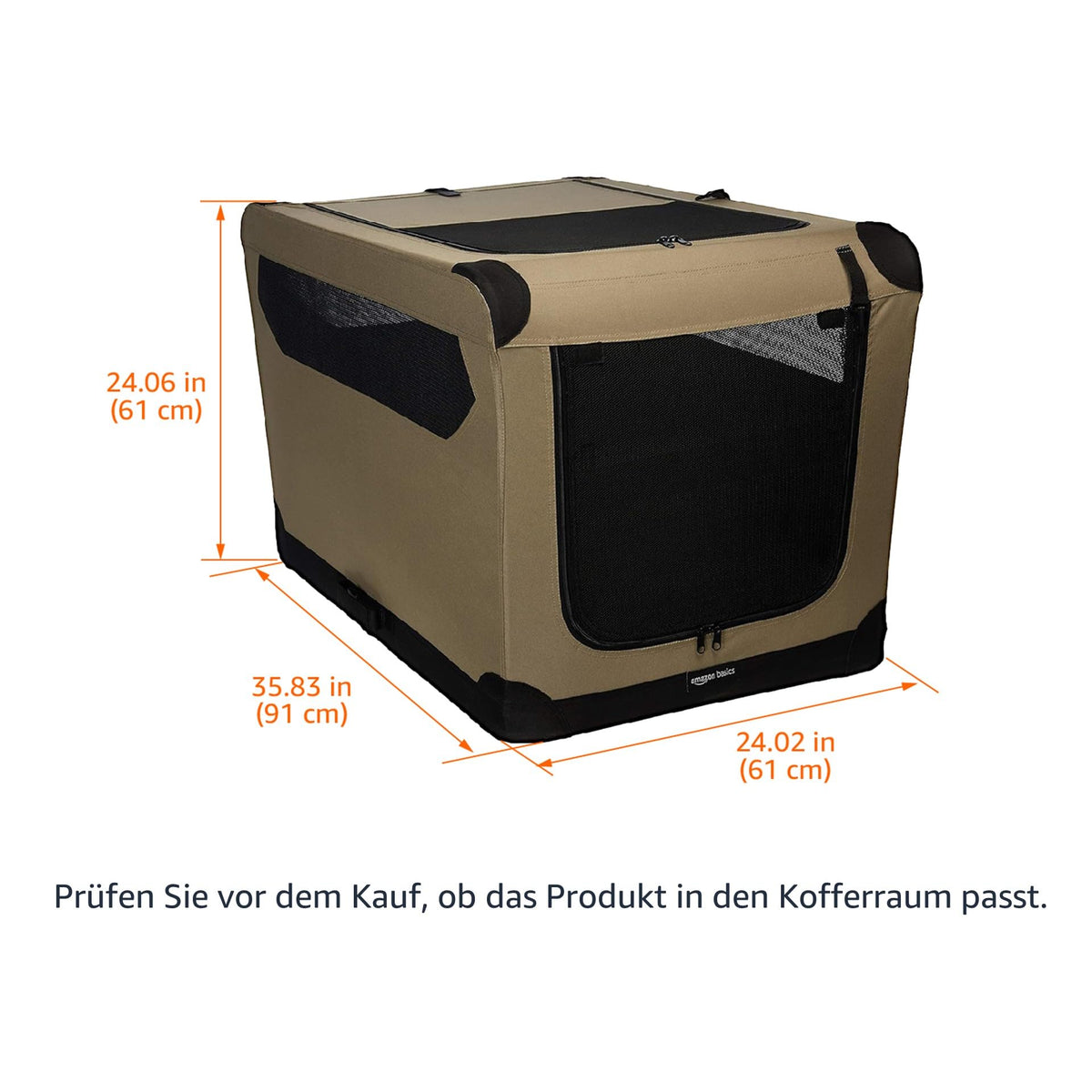 Amazon Basics Dog Crate, Soft, Foldable, 91 x 61 x 61 cm, Light Brown - 12002-36-APL