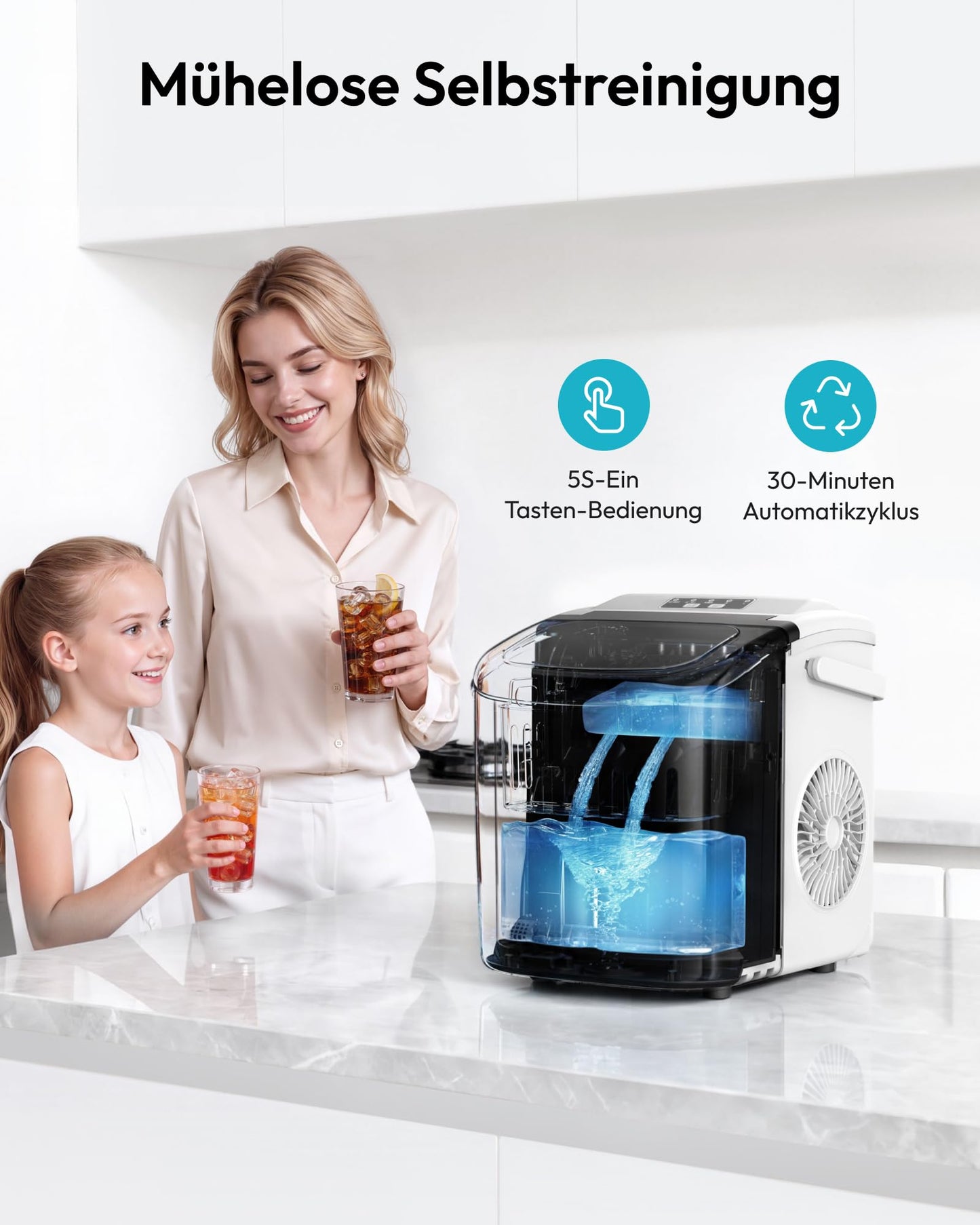 EUHOMY Ice cube machine, small ice cube machine, 9 ice cubes in 6 minutes, self-cleaning ice cube machine, with carrying handle and ice basket, 12 kg/day, suitable for kitchen, home, camping, RV, white - B0DG8Q7R6B