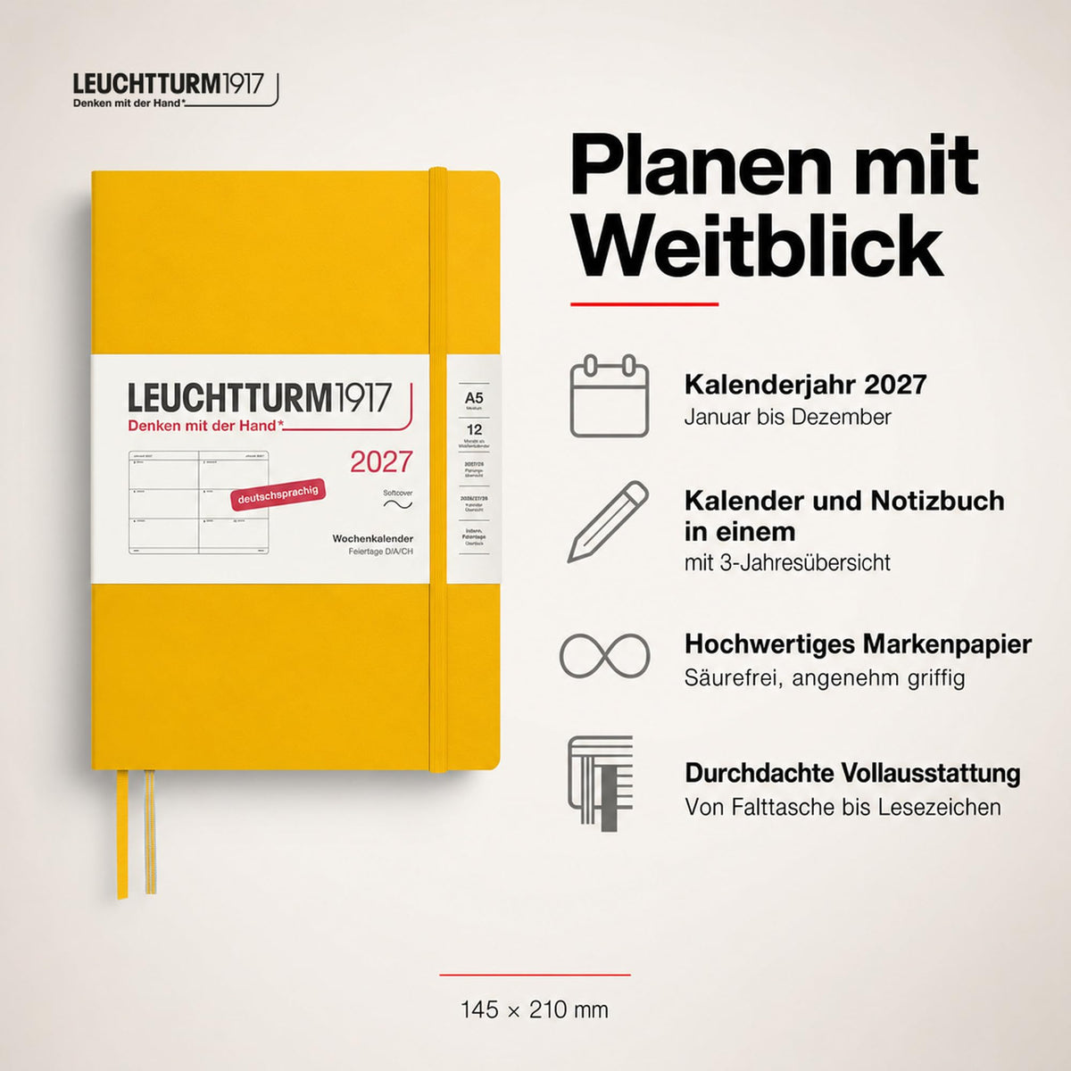 LEUCHTTURM1917 Calendar săptămânal 2027 Mediu (A5) - Germană, Floarea-soarelui, Copertă moale, 145 x 210 mm, 12 luni - ianuarie-decembrie 2027, 1 săptămână pe pagină dublă, hârtie de 80 g/m² cu compatibilitate ridicată cu cerneală - 400129