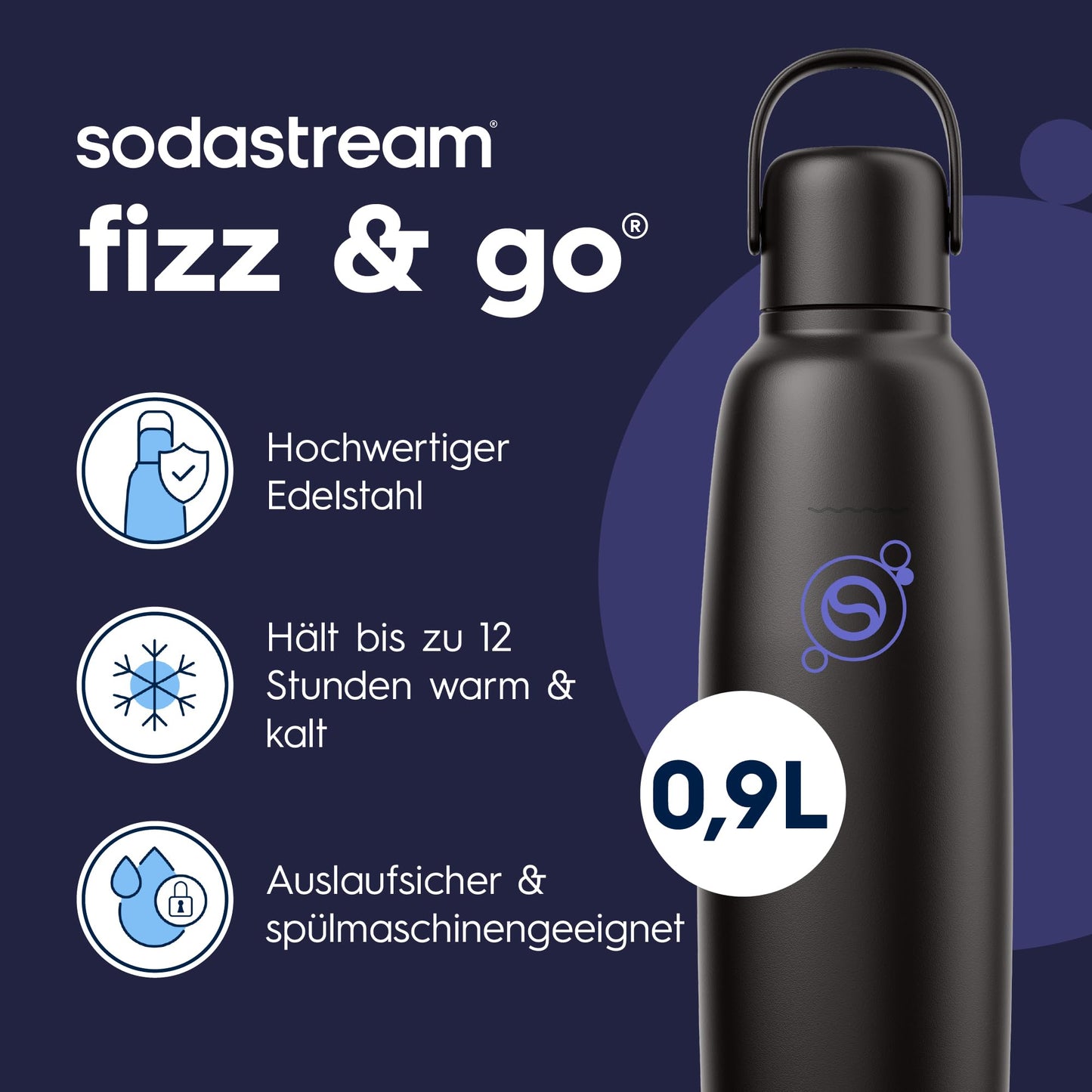 sodastream Fizz & Go stainless steel soda bottle 0.9 l, double-walled insulated thermos bottle, keeps warm & cold, for carbonated drinks, compatible with DUO, TERRA, ART, ENSO & more, black - 1062413440