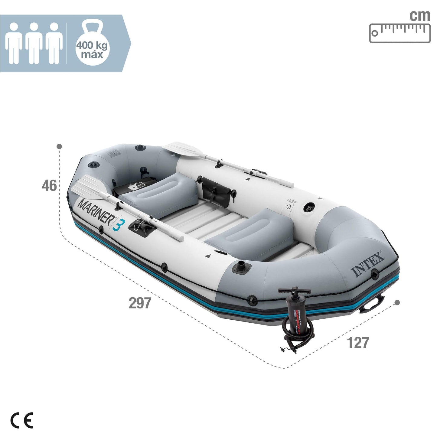 Intex Mariner 3 Inflatable Dinghy 3 Man Boat with Aluminum Oars and Pump - 68373NP