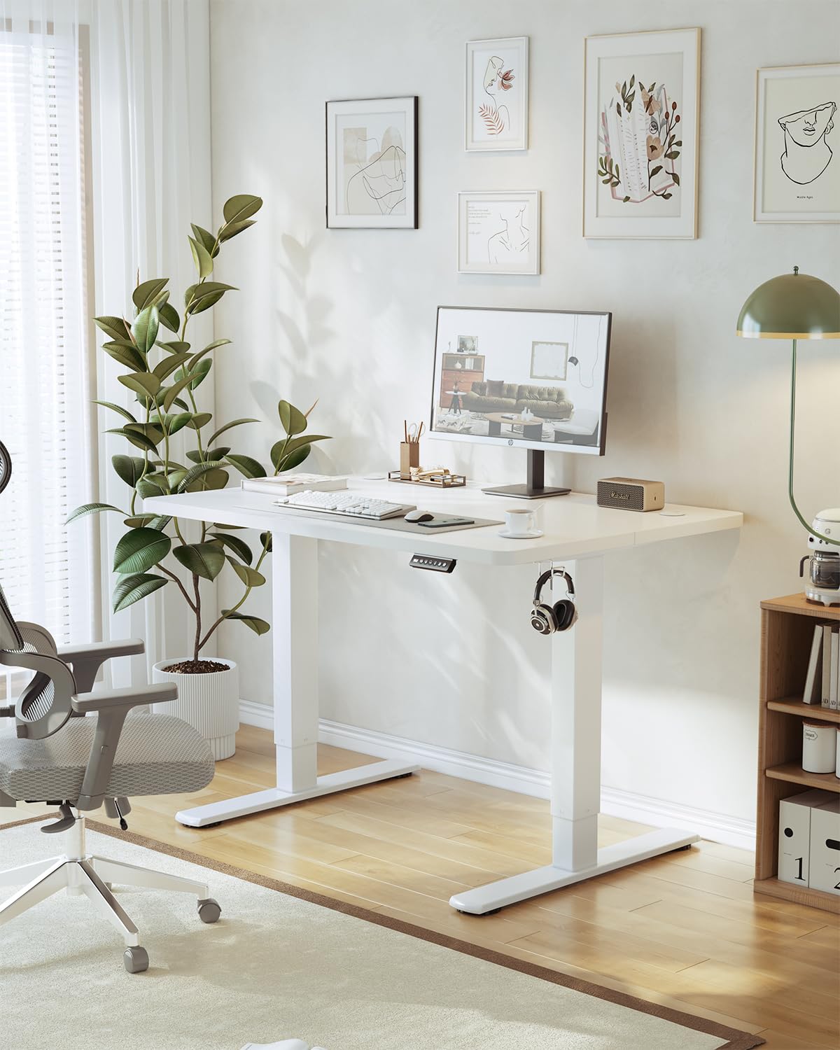 JUMMICO Birou reglabil pe înălțime cu port de încărcare USB, birou electric reglabil pe înălțime 90 x 60 cm, masă de tip stand-sit, birou standing, masă de calculator reglabilă, birou standing, alb - 0403