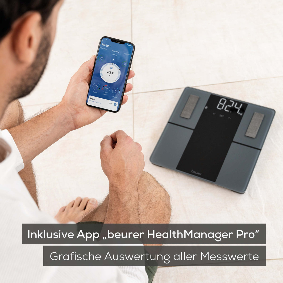 Beurer BF 500 Personal Scale with Bluetooth & App, digital body fat scale measuring body fat, muscle mass, calorie needs, etc., XL display, data transfer to Apple Health & more, up to 180 kg. - 2210