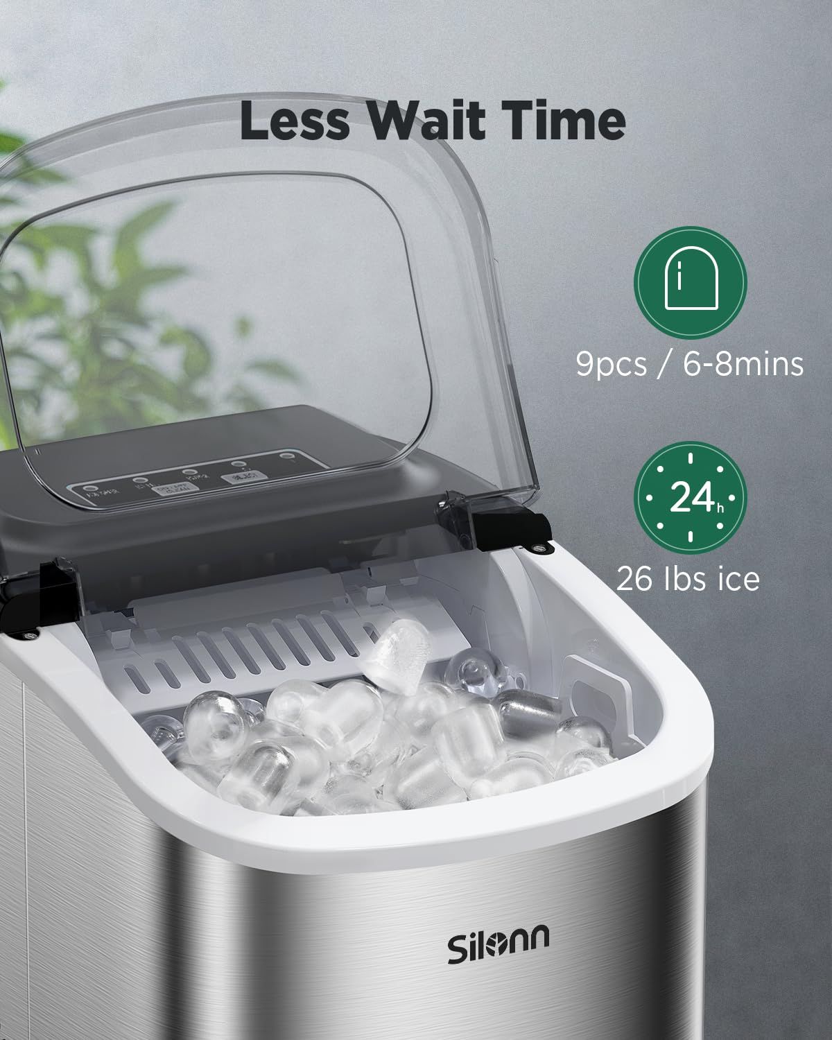 Silonn ice cube machine, small ice cube machine with carrying handle, 9 ice cubes in just 6 minutes, 12 kg of ice in 24 hours. Self-cleaning, compact with 2 ice sizes, ideal for kitchen, office and parties, silver - SLIM09T
