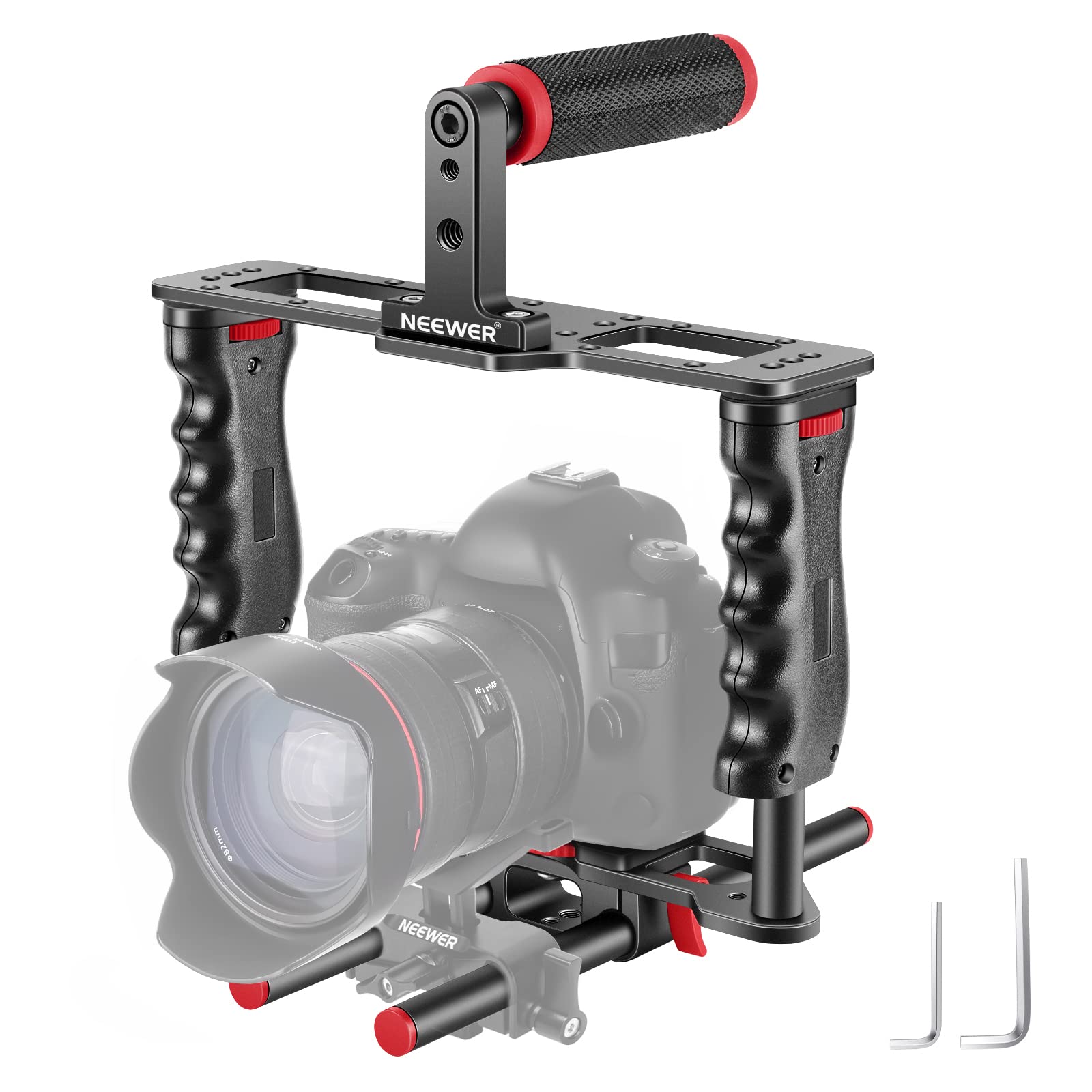 NEEWER Cage Camera Cage Made of Aluminum Alloy with Top Handle, Two Handles 15mm Rods, Video Stabilizer Compatible with Canon Sony Fujifilm Nikon DSLR Camera and Camcorder (Black + Red) - CG-MF