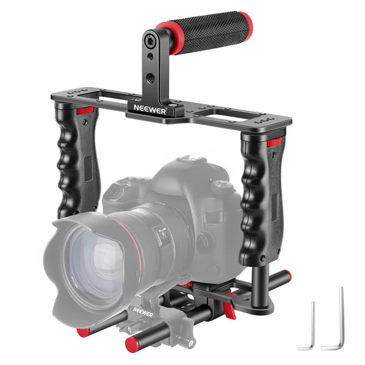 NEEWER Cage Camera Cage Made of Aluminum Alloy with Top Handle, Two Handles 15mm Rods, Video Stabilizer Compatible with Canon Sony Fujifilm Nikon DSLR Camera and Camcorder (Black + Red) - CG-MF