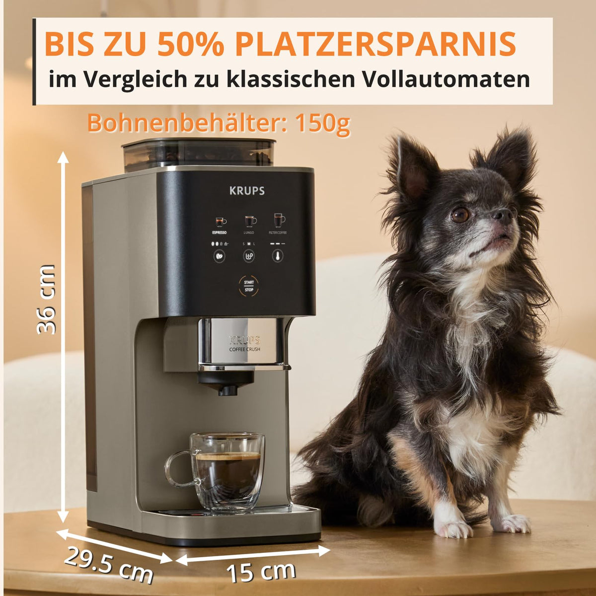 KRUPS Coffee Crush Extra Coffee Machine, only 15 cm wide, Beige - SA402AE0