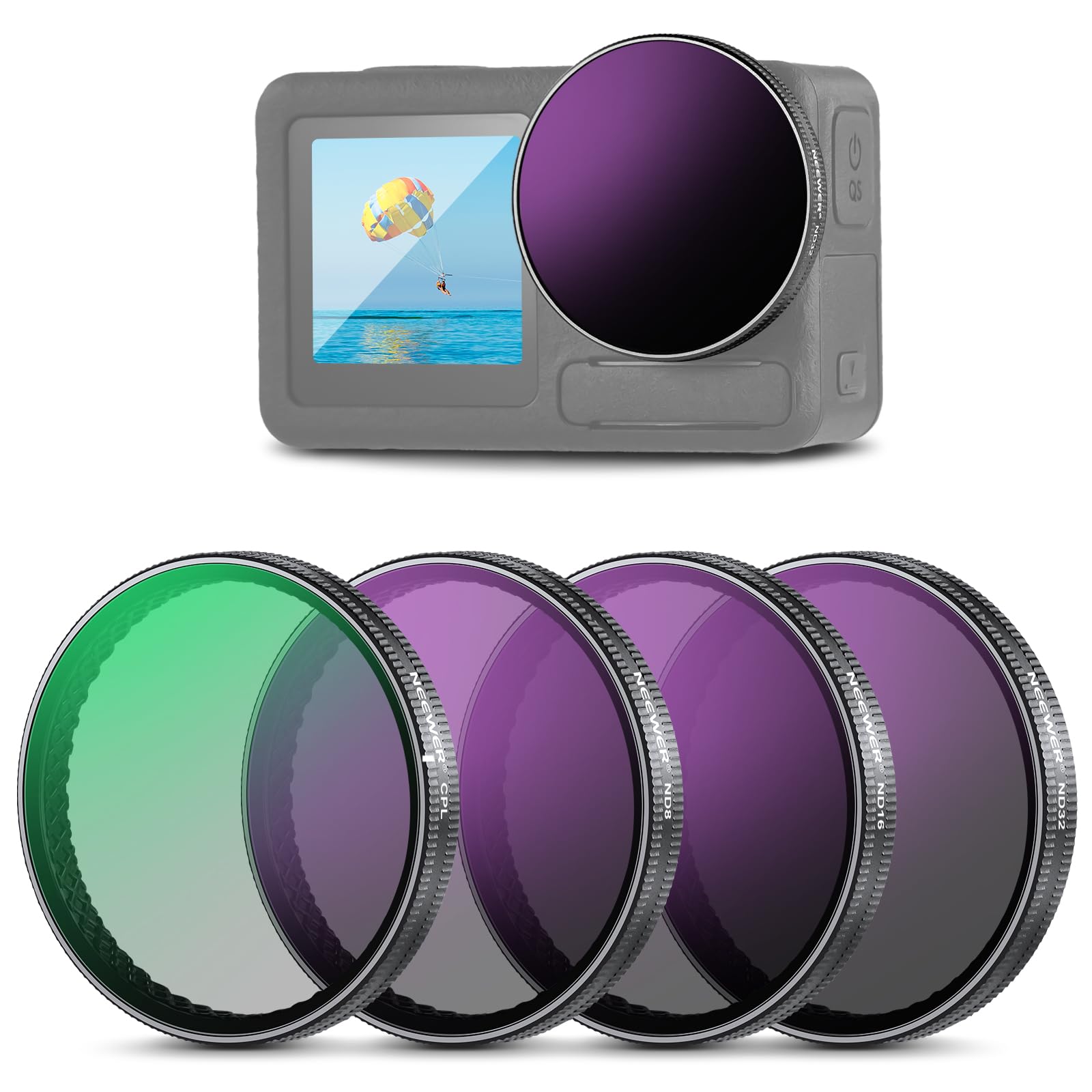 NEEWER Snap On ND Filter Set compatible with DJI Osmo Action 5 Pro/4/3, pack of 4 ND8+ND16+ND32+CPL action camera accessories, can be mounted on original glass lens cover, not for Osmo Nano, FL-A76