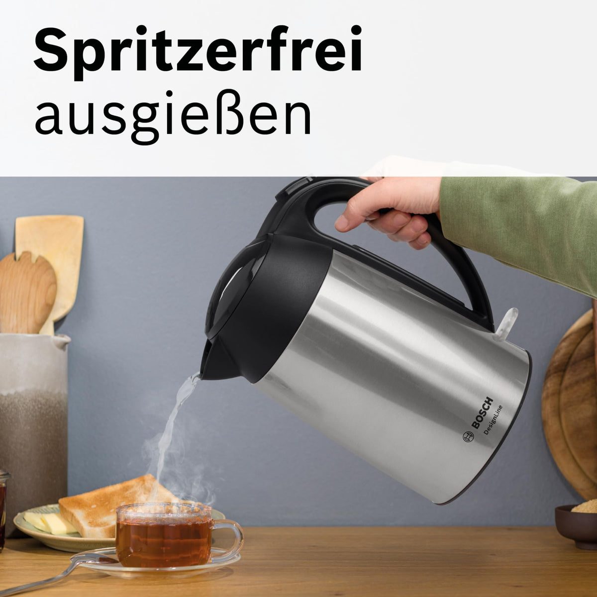 Bosch cordless kettle DesignLine TWK3P420, spill-free pouring, cup indicator, overheating protection, 1.7 L, 2400 W, stainless steel/black