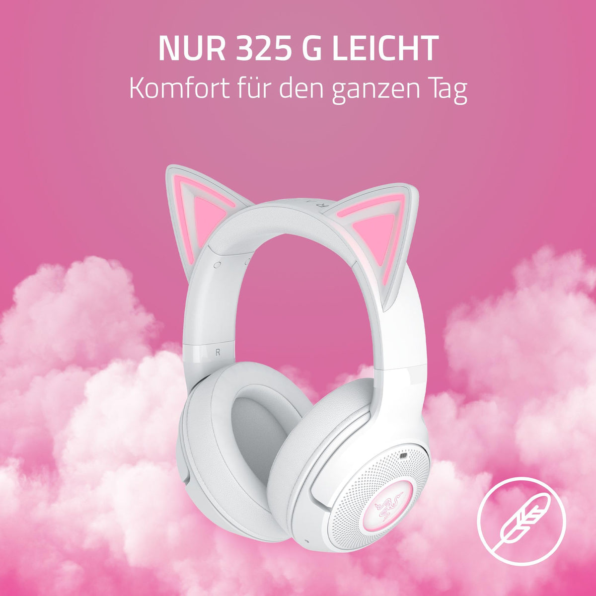 Razer Kraken Kitty V2 BT - Wireless Bluetooth RGB Headset with Kitty Ears for Gaming and Streaming (325g, Triforce 40mm Drivers, Bluetooth 5.2, Noise-Cancelling Mic, 40 Hours Battery Life) White - RZ04-04860600-R3M1