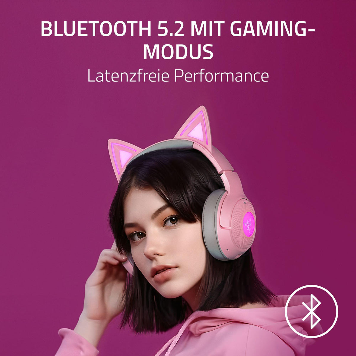 Razer Kraken Kitty V2 BT - Cască de gaming wireless Bluetooth RGB cu urechi de pisică luminoase (Bluetooth 5.2 cu mod de gaming, drivere TriForce de 40mm) Quartz - RZ04-04860100-R3M1