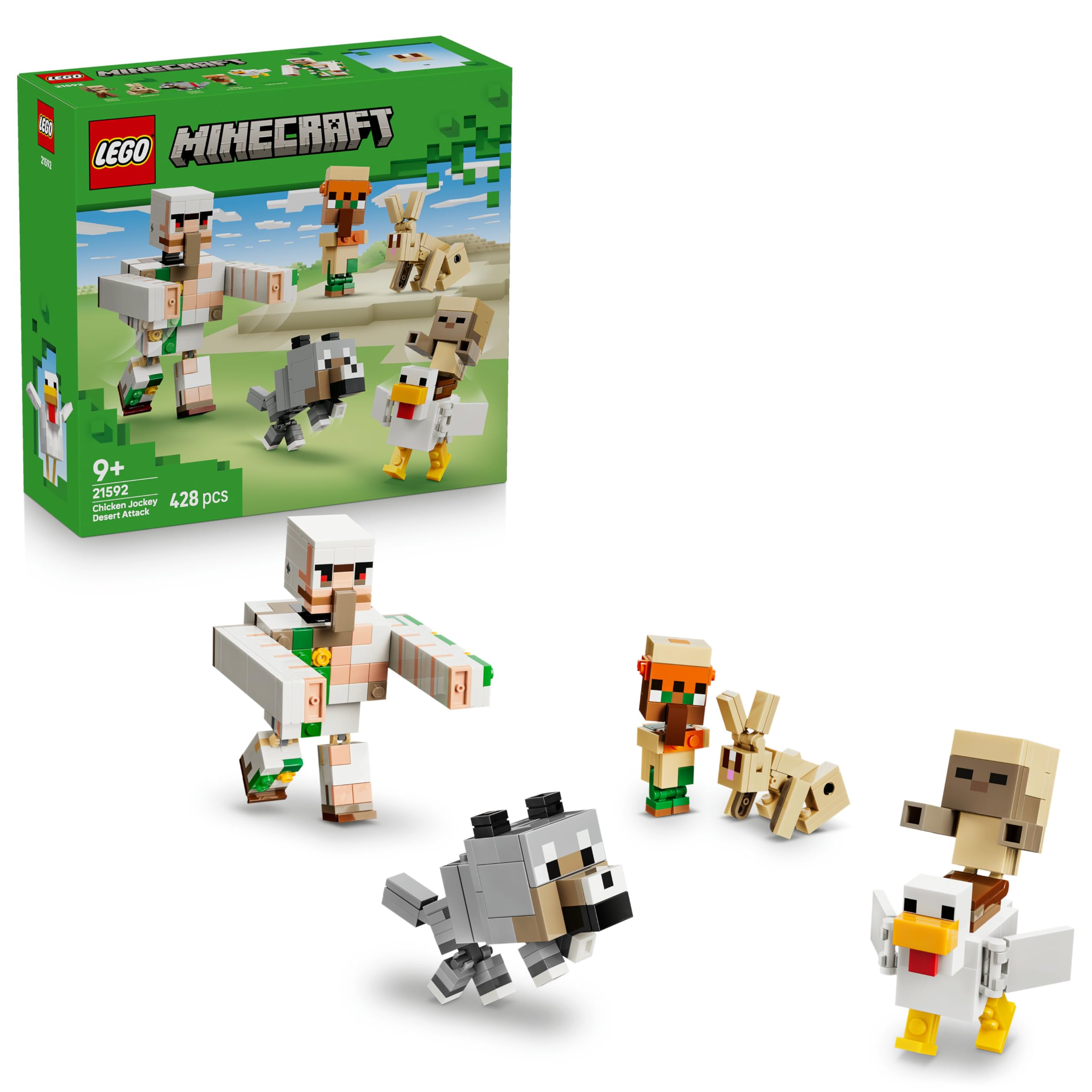 LEGO Minecraft Attack of the Chicken Rider in the Desert - Toy with 6 figures including Iron Golem & Baby Wolf - Room decoration for children - Gaming gift for boys, girls and fans aged 9 and over - 21592
