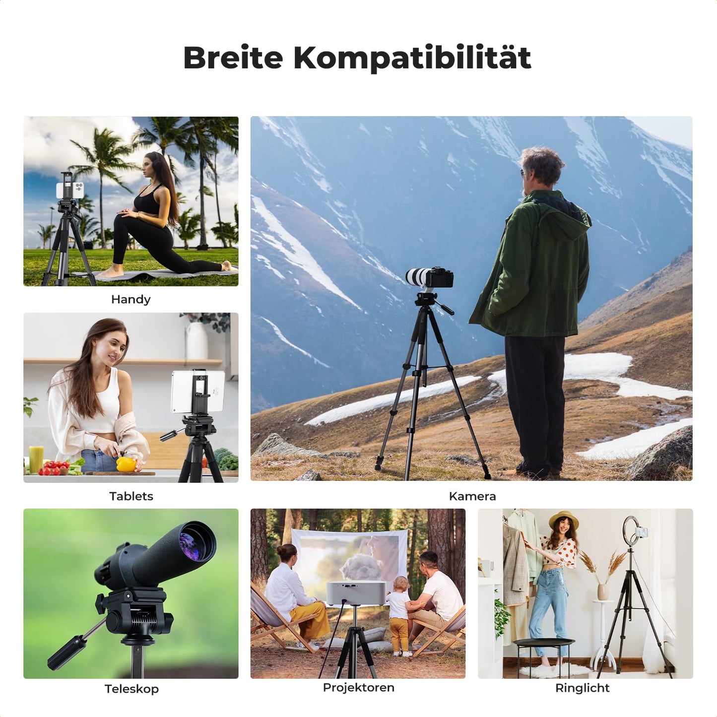 K&F CONCEPT Camera tripod S255A3+BV01, lightweight tripod with bag, 190 cm mobile phone tripod, tripod for Canon Nikon Sony camera/DSLR, tripod for smartphone, travel tripod with mobile phone tablet holder (black)