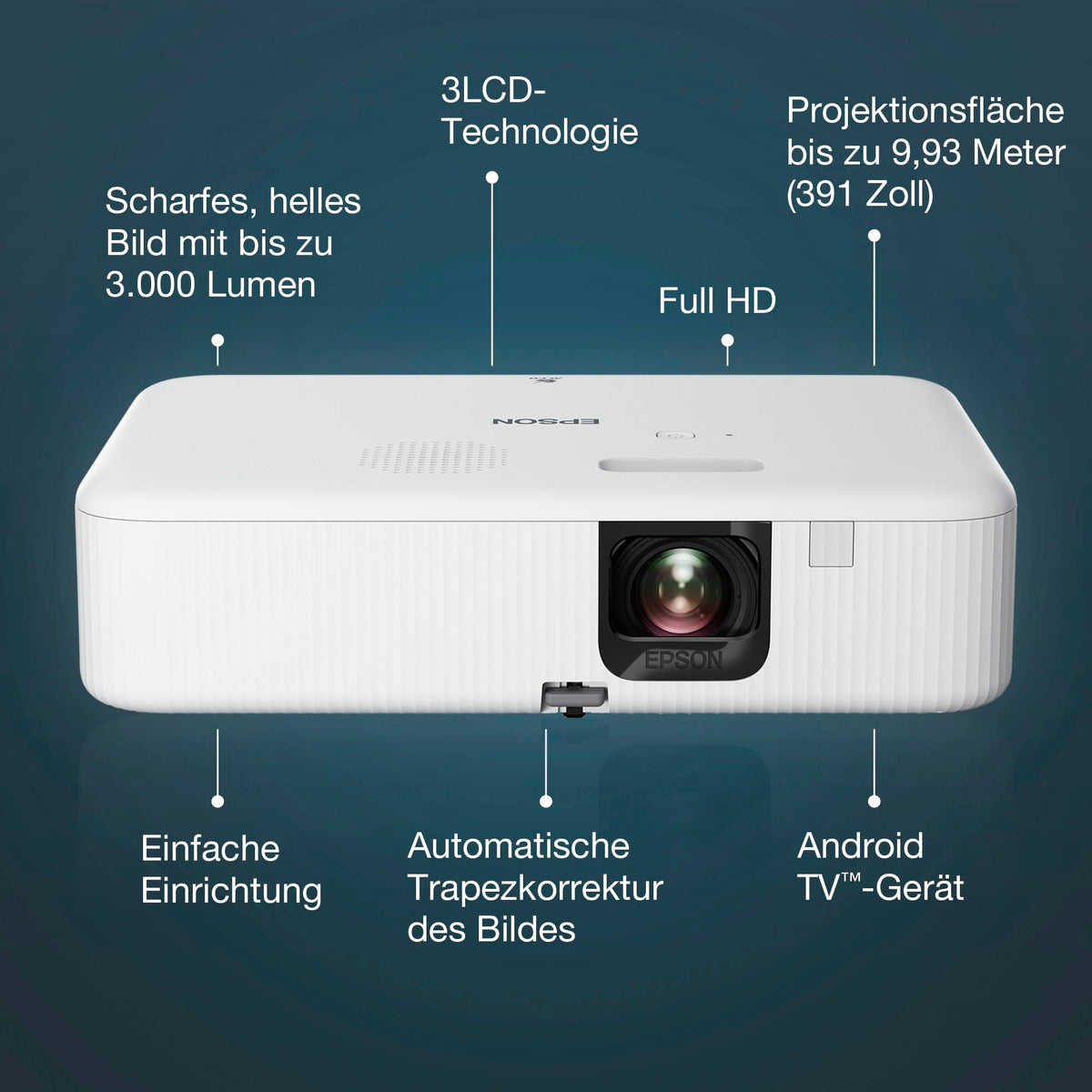Epson CO-FH02 | Full HD 1080p Smart TV Projector | Android TV | 3LCD | 3,000 ANSI Lumens | 391" Projection Size | Easy Setup | Keystone Correction | HDMI | For Home and Office | White - V11HA85040