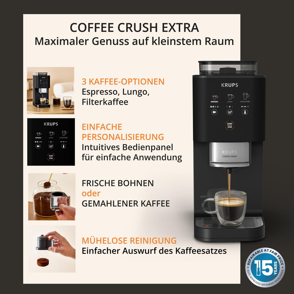 KRUPS Coffee Crush Extra aparat de cafea complet, doar 15 cm lățime, Negru - SA4028E0