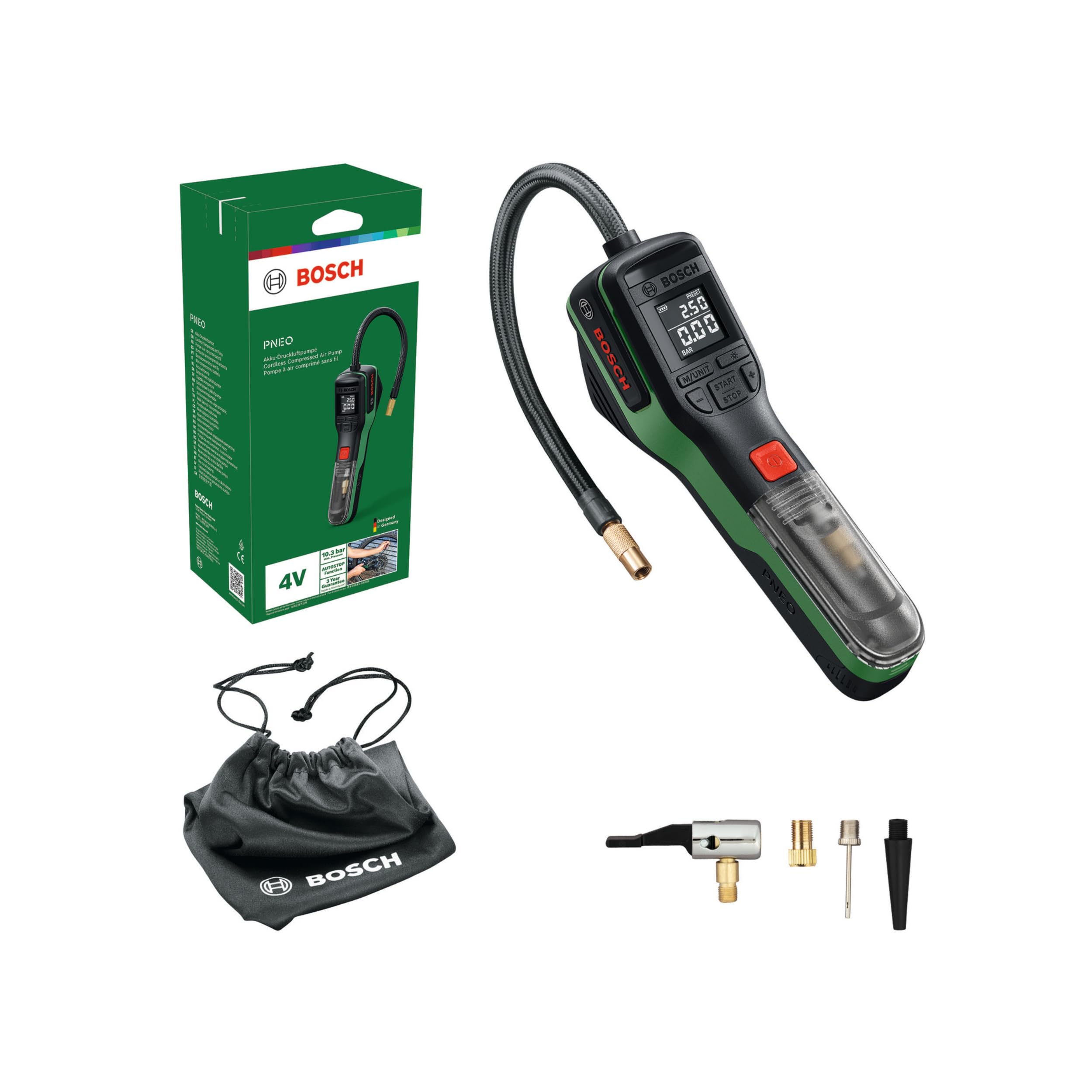 Bosch PNEO cordless bicycle pump/air pump/mini compressor (Compact Power BA 4V 3.0 Ah battery, quick snap adapter, ball needle adapter, Presta valve adapter, balloon adapter, cloth bag, box) - 0603947500