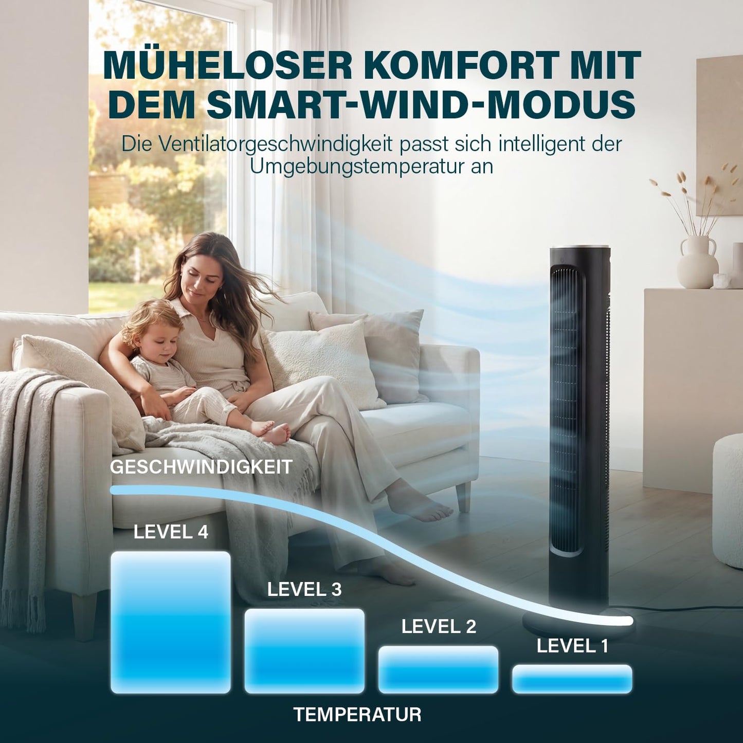 Princess Pedestal Fan - Elegant Design - 50W - Powerful, Quiet, Low Consumption - Height: 101.5cm - Oscillating - 4 Modes - 12 Speed Settings - 352390 - 01.352390.01.001