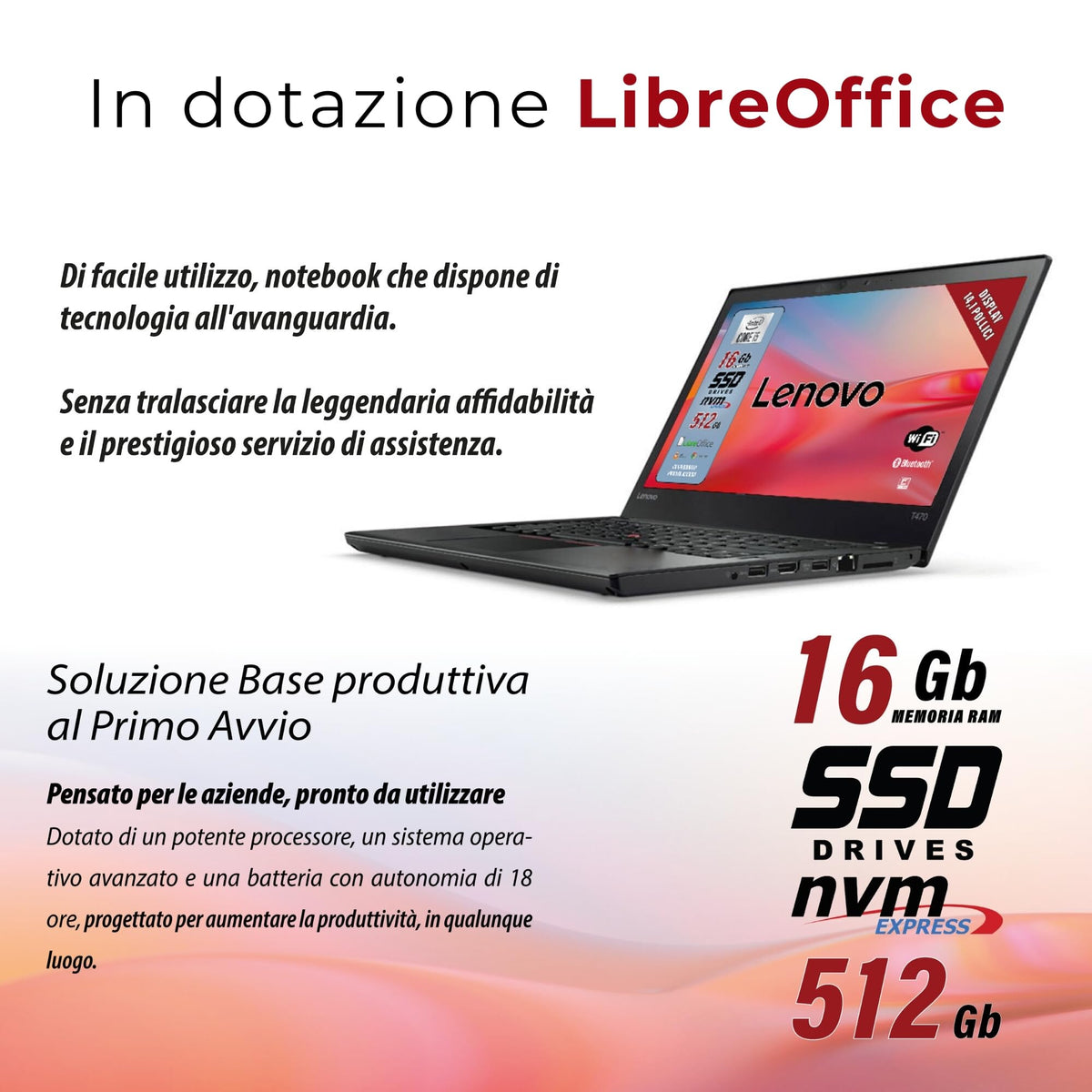 Lenovo, laptop Intel Core i5 gata de utilizare cu pachet Office 2021, notebook cu display HD de 14 inci, 16 GB RAM, 512 GB SSD, Win 11 Pro, garanție italiană (refurbished) - ThinkPad