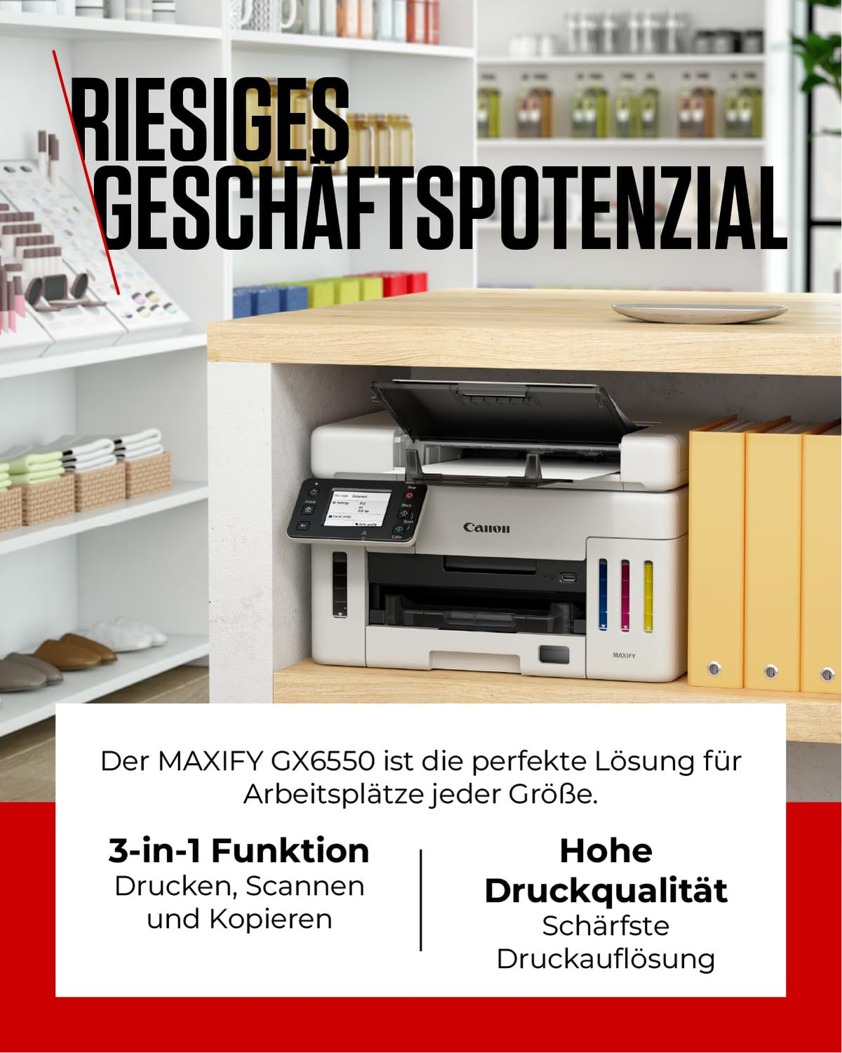 Canon MAXIFY GX6550 Inkjet Printer 3-in-1 Multifunction Device MegaTank (Printer, Scanner, Copier, WiFi, LAN, Cloud, Duplex Printing, Duplex ADF, 350 Sheets Capacity, Smudge-Resistant Prints) white
