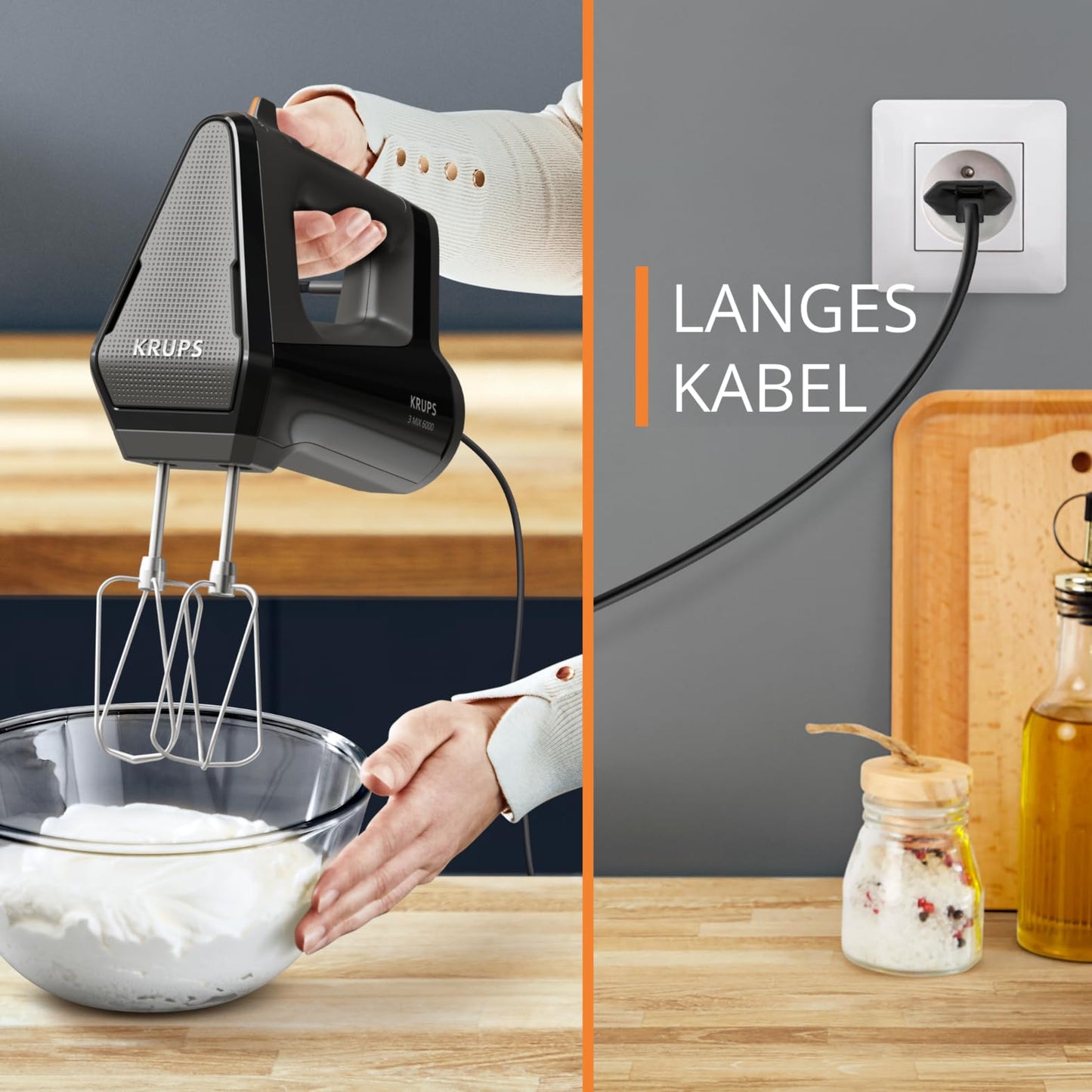 Krups 3MIX 6000 hand mixer, 600 W, precise control, soft touch handle, long cable, practical speed control, hand mixer incl. beaters and dough hook, black, GN6028