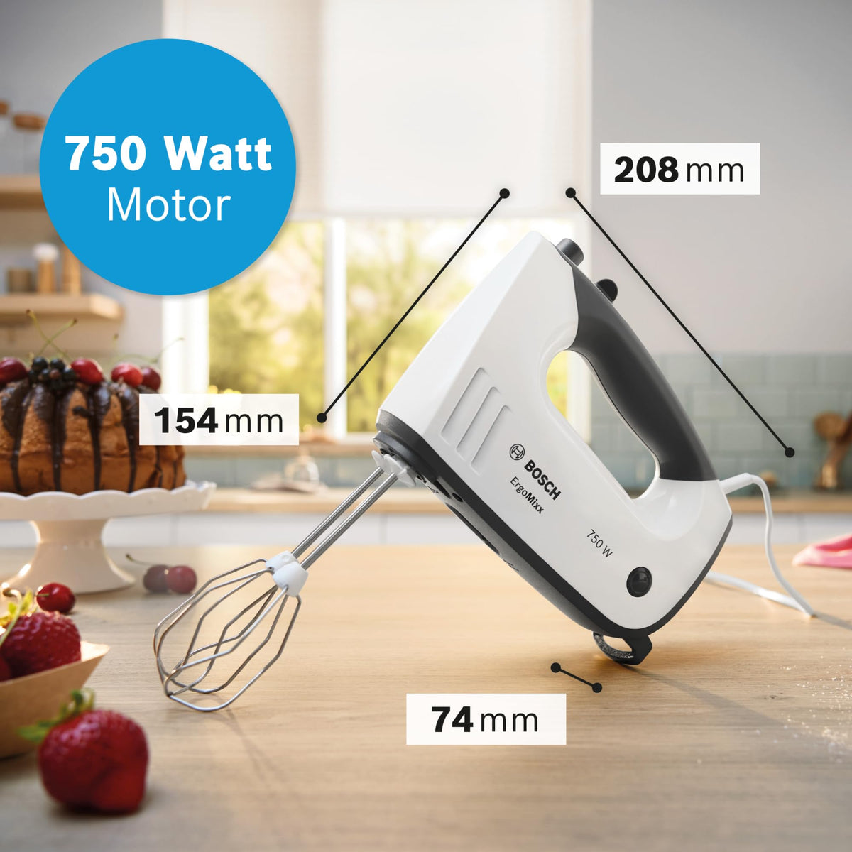 Dispozitiv de mixare Bosch, cu blender, pahar de mixare, mixer din oțel inoxidabil, cârlige pentru frământat, lavabil în mașina de spălat vase, 5 trepte plus buton turbo, alb/gri, 750 W, ErgoMixx MFQ37470