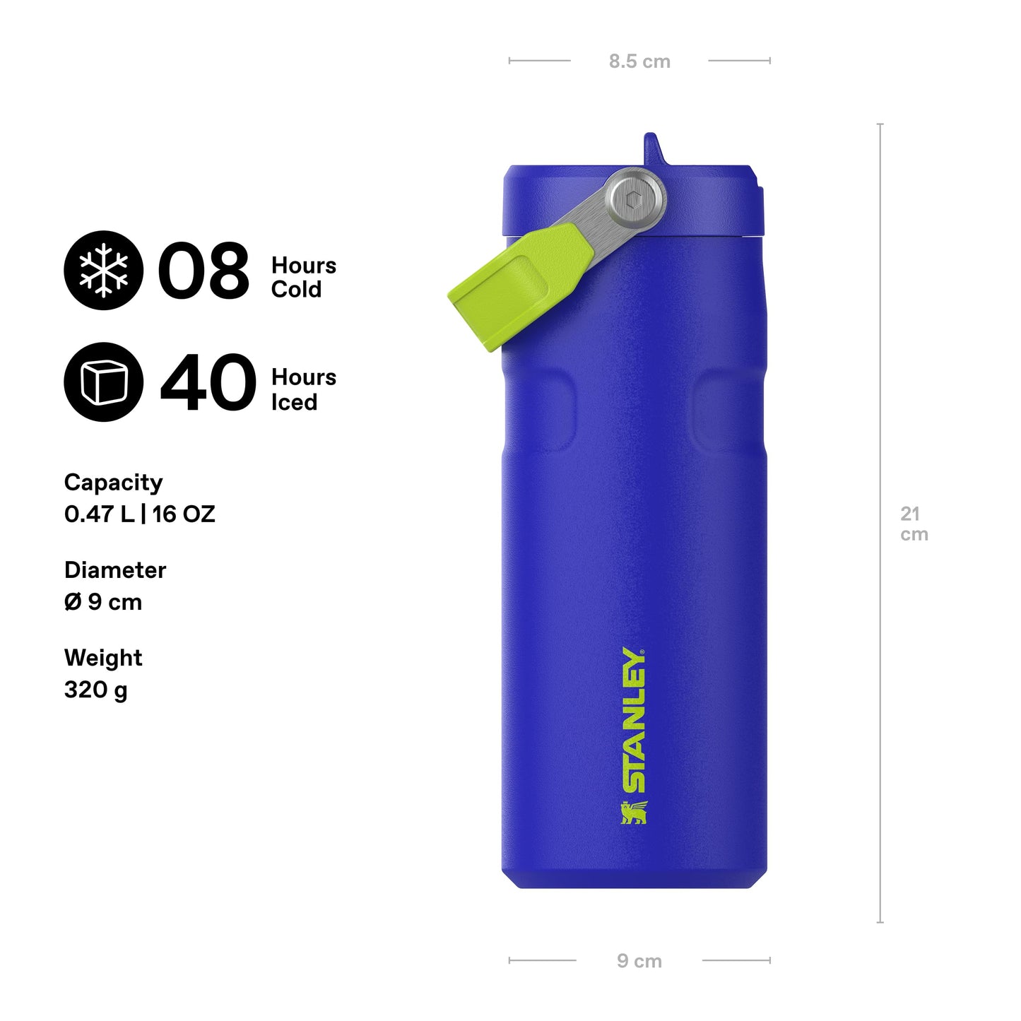 Stanley 1913 Flip Straw drinking bottle with straw 0.47L - Thermo mug Cools for 8 hours - Ice cold for 40 hours - BPA free - Leak-proof - For cup holders - Dishwasher safe - Cobalt Chartreuse - 100000117882