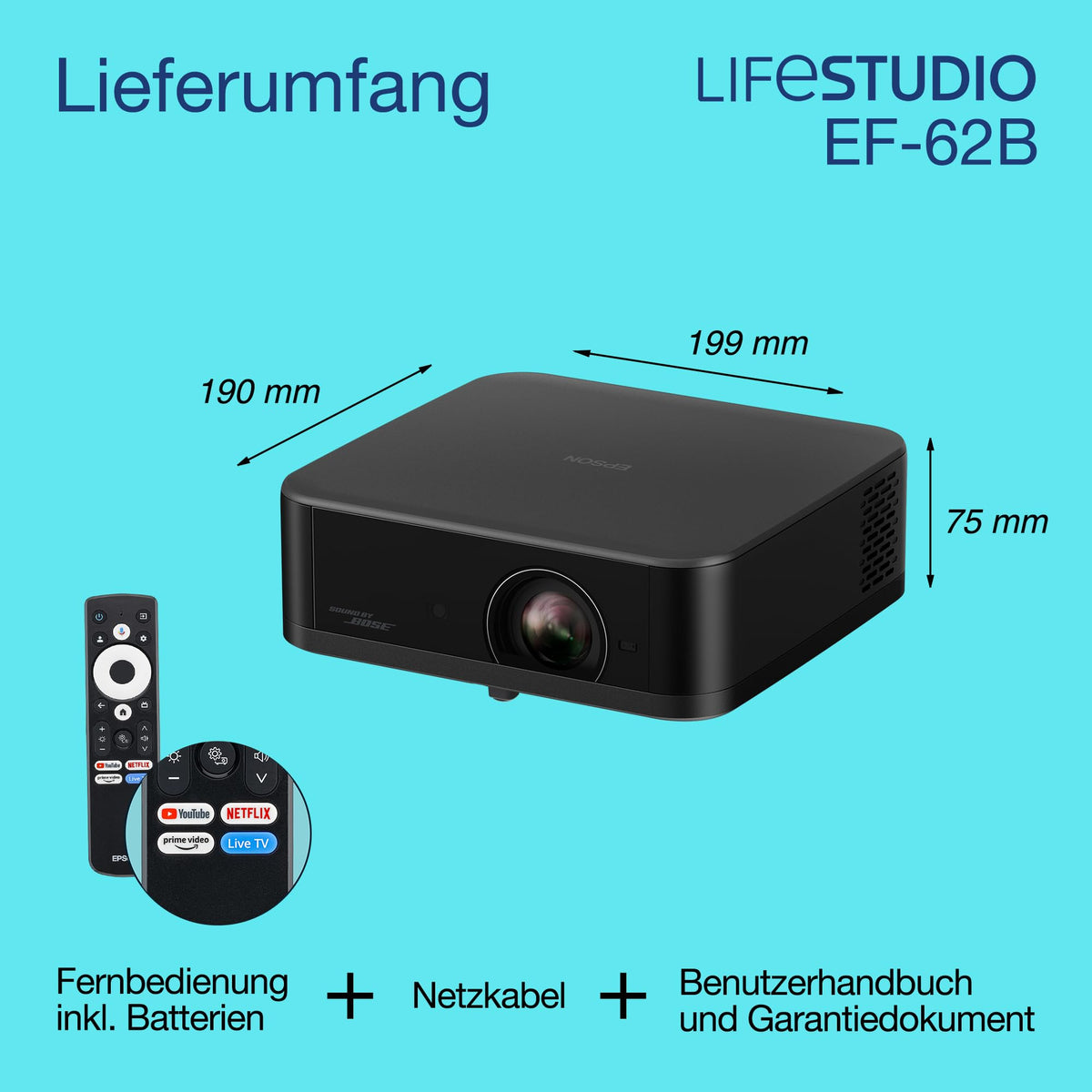 Epson EF-62B, 4K-PRO-UHD-Smart-TV-Projector, portable, 700 Lumens, Sound by Bose, Google TV, 150 inches
