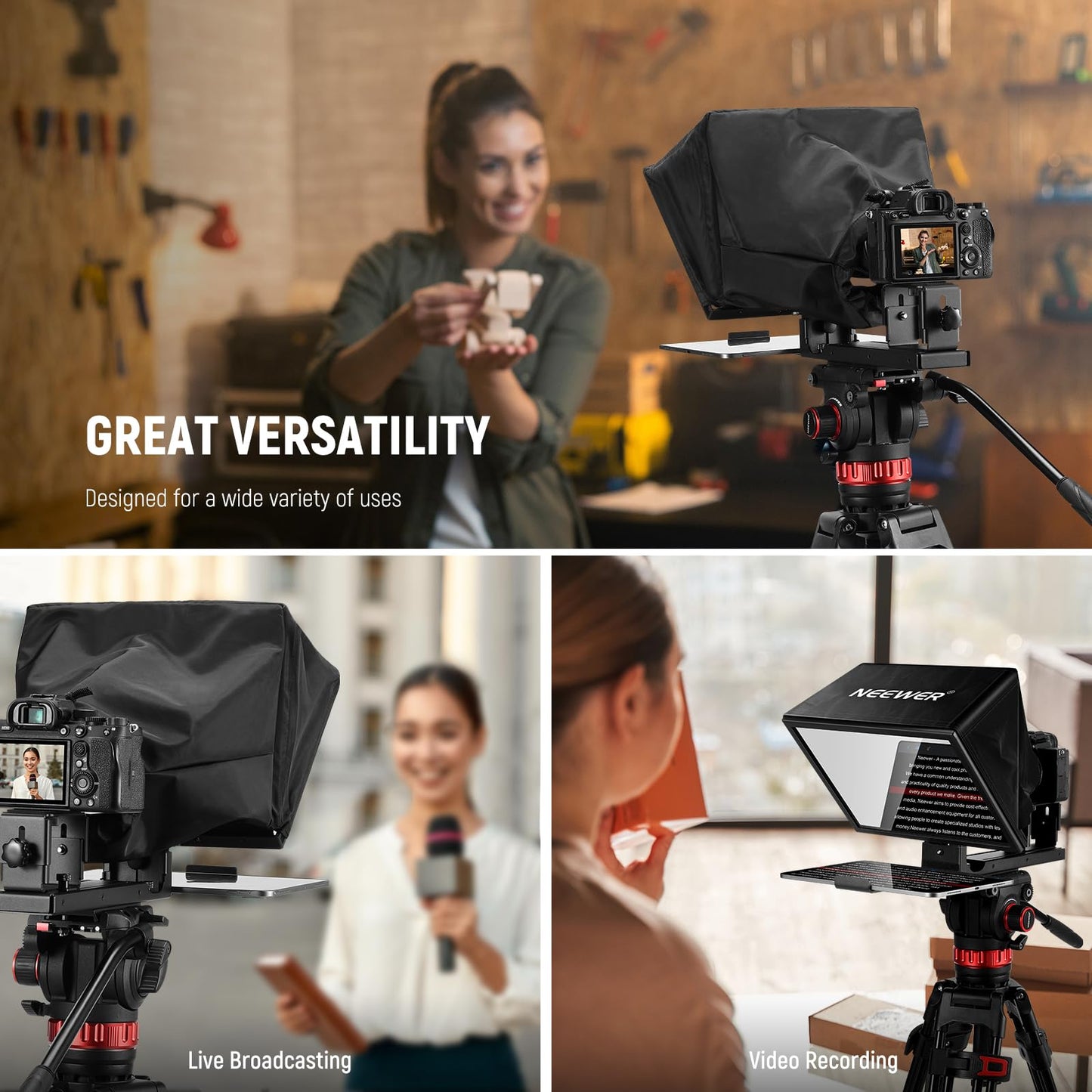 NEEWER BASICS X12B Aluminum Alloy Liftable Teleprompter 12" for iPad Tablet Phone DSLR Camera, Remote Control & App Control, Compatible with iOS Android, Pro for Online Teaching Live Streaming