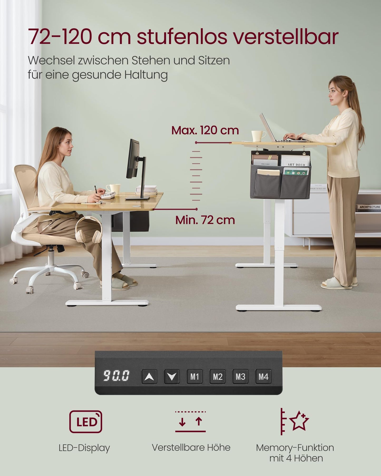 SONGMICS Electric height-adjustable desk, 160 x 70 cm, infinitely adjustable, memory function with 4 heights, golden oak color LSD136Y01 - LSD026X01