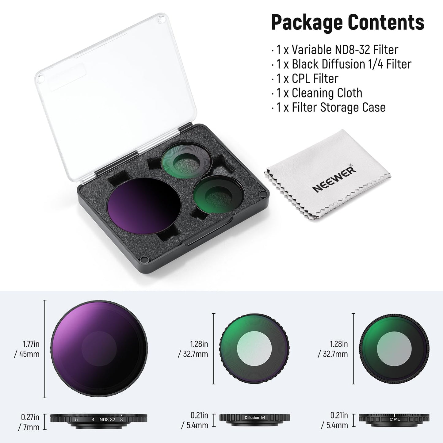NEEWER ND filter kit compatible with DJI Osmo Action 5 Pro/4, variable ND 8-32 + CPL + black diffusion filter 1/4 for fog cinema effect, multi-coated HD action camera accessories, FL-52 - 10106165