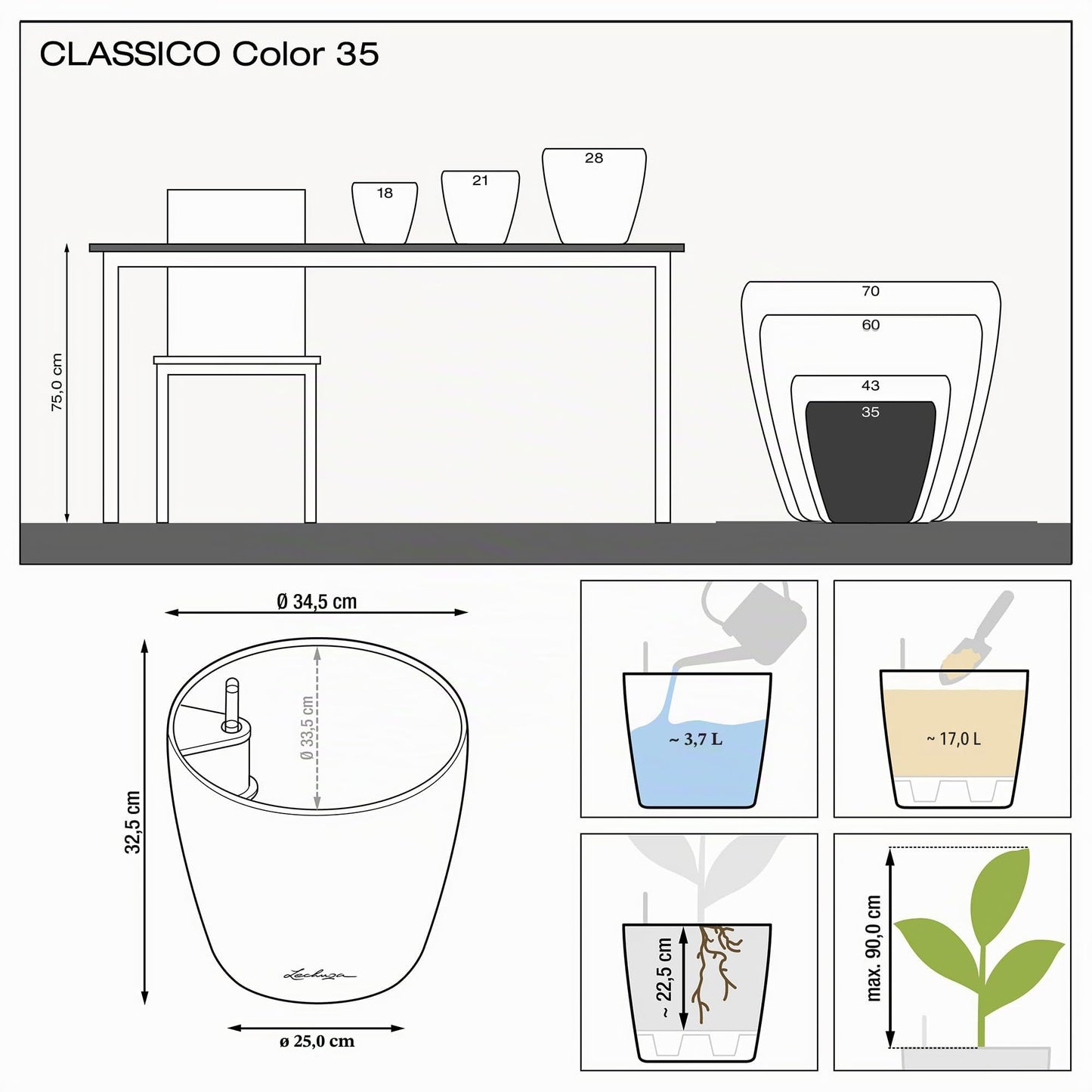 Lechuza 13224 plant pot with sub-irrigation system, slate gray, 35 x 35 x 33 cm