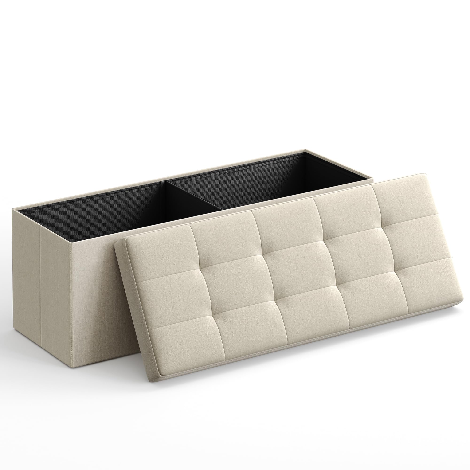 SONGMICS stool with storage space, folding bench, 38 x 110 x 38 cm footstool, storage box, loads up to 300 kg, for living room, bedroom, hallway, cream white LSF77BE
