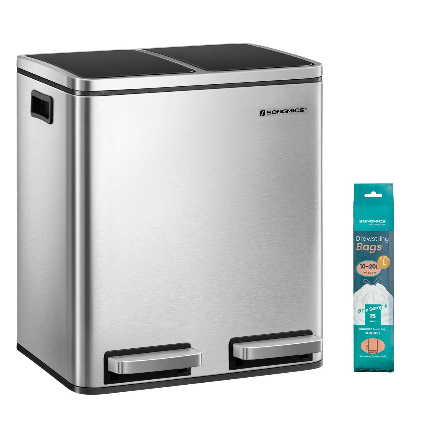 SONGMICS kitchen trash can, 2 x 15 liters, waste separation system 2 compartments, including 15 trash bags, trash can, pedal bin, recyclable waste, organic waste, soft close lid, metallic silver-ink black LTB30H