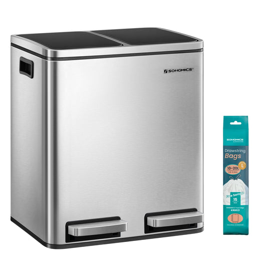 SONGMICS kitchen trash can, 2 x 15 liters, waste separation system 2 compartments, including 15 trash bags, trash can, pedal bin, recyclable waste, organic waste, soft close lid, metallic silver-ink black LTB30H