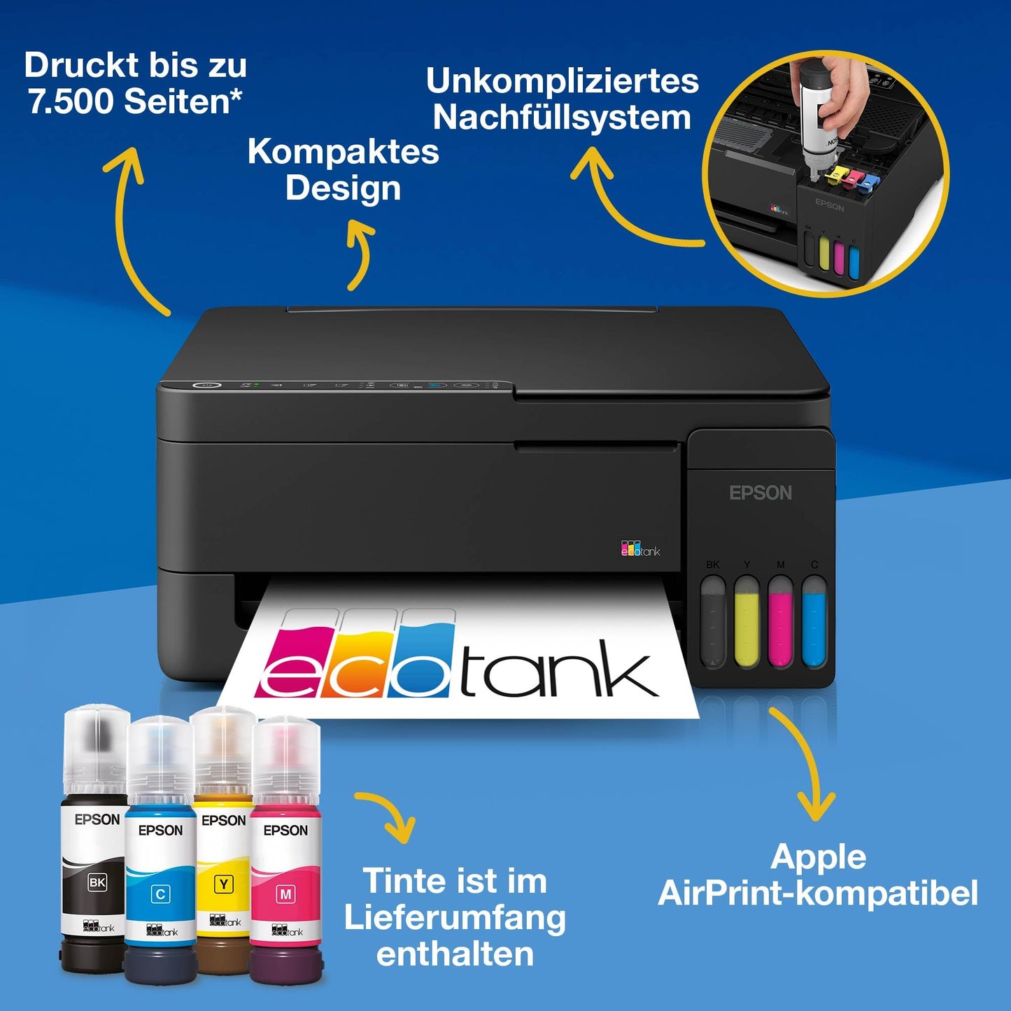 Epson EcoTank ET-2912 | For busy households | Wi-Fi | A4 | Print, Copy, Scan | AirPrint compatible | Compact | Contains up to 3 years of ink